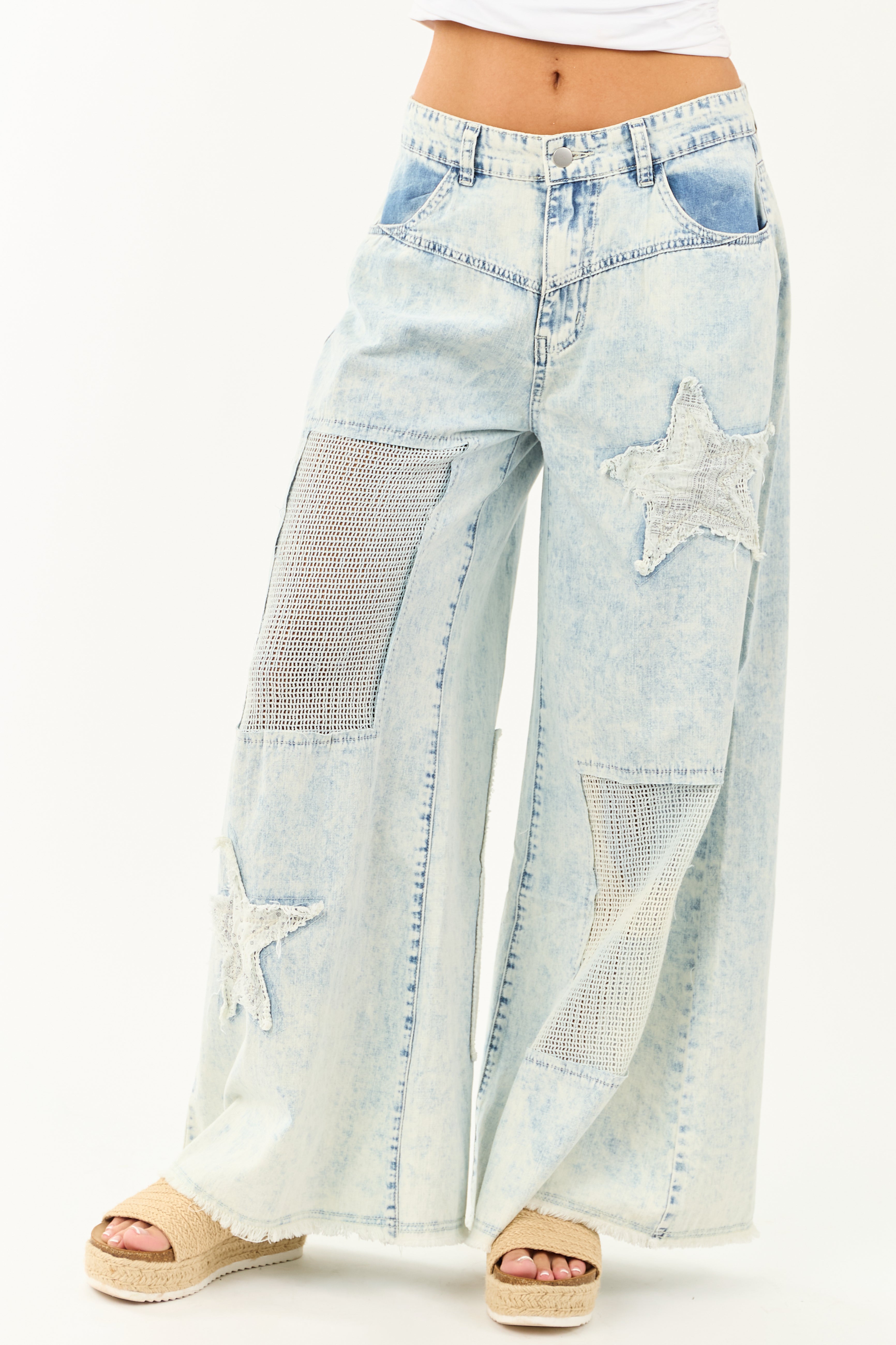 POL Acid Wash Patchwork Lightweight Denim Pants | Lime Lush Boutique