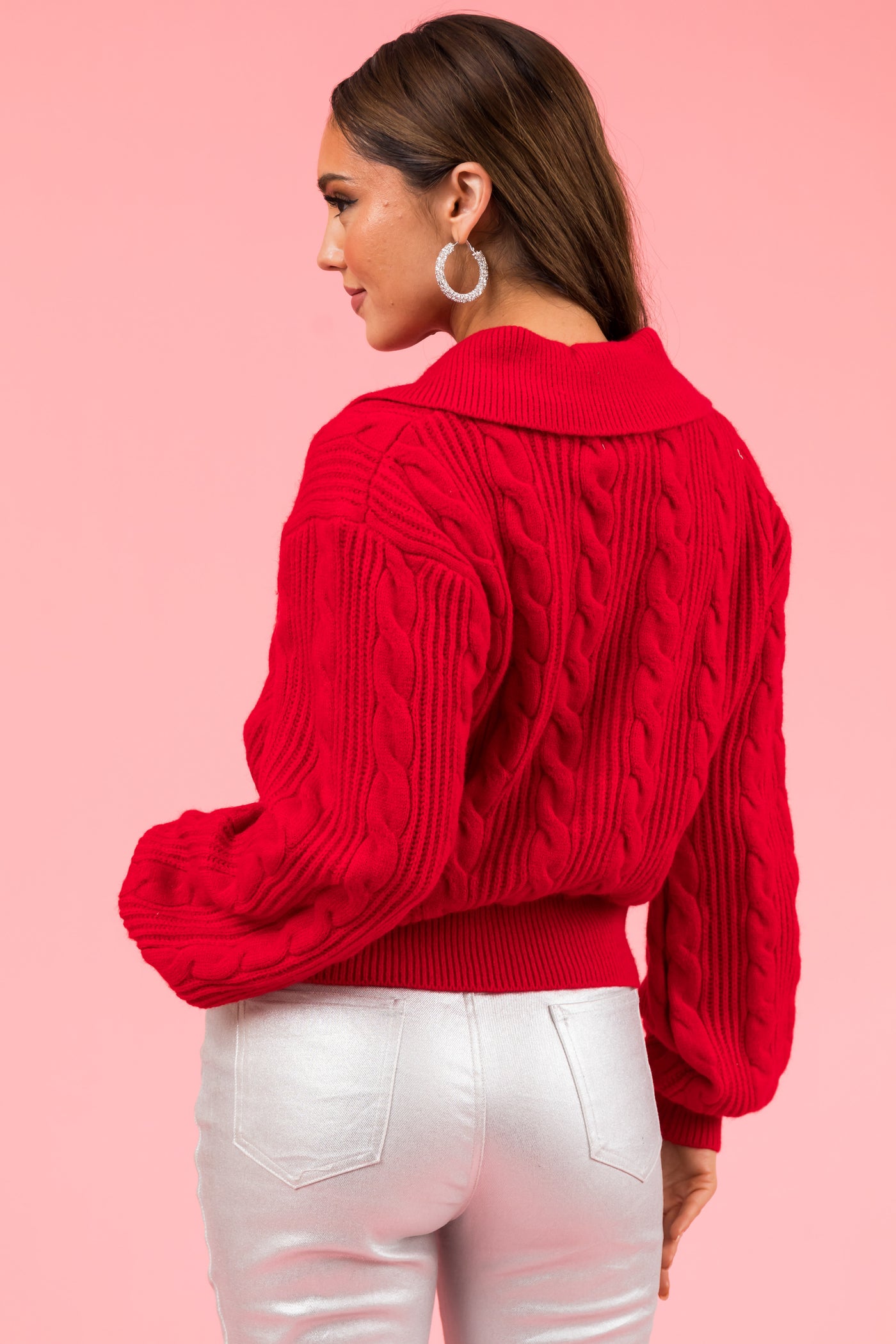 Pomegranate Button Up Pullover Cable Knit Sweater