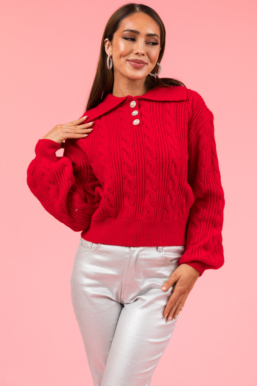 Pomegranate Button Up Pullover Cable Knit Sweater