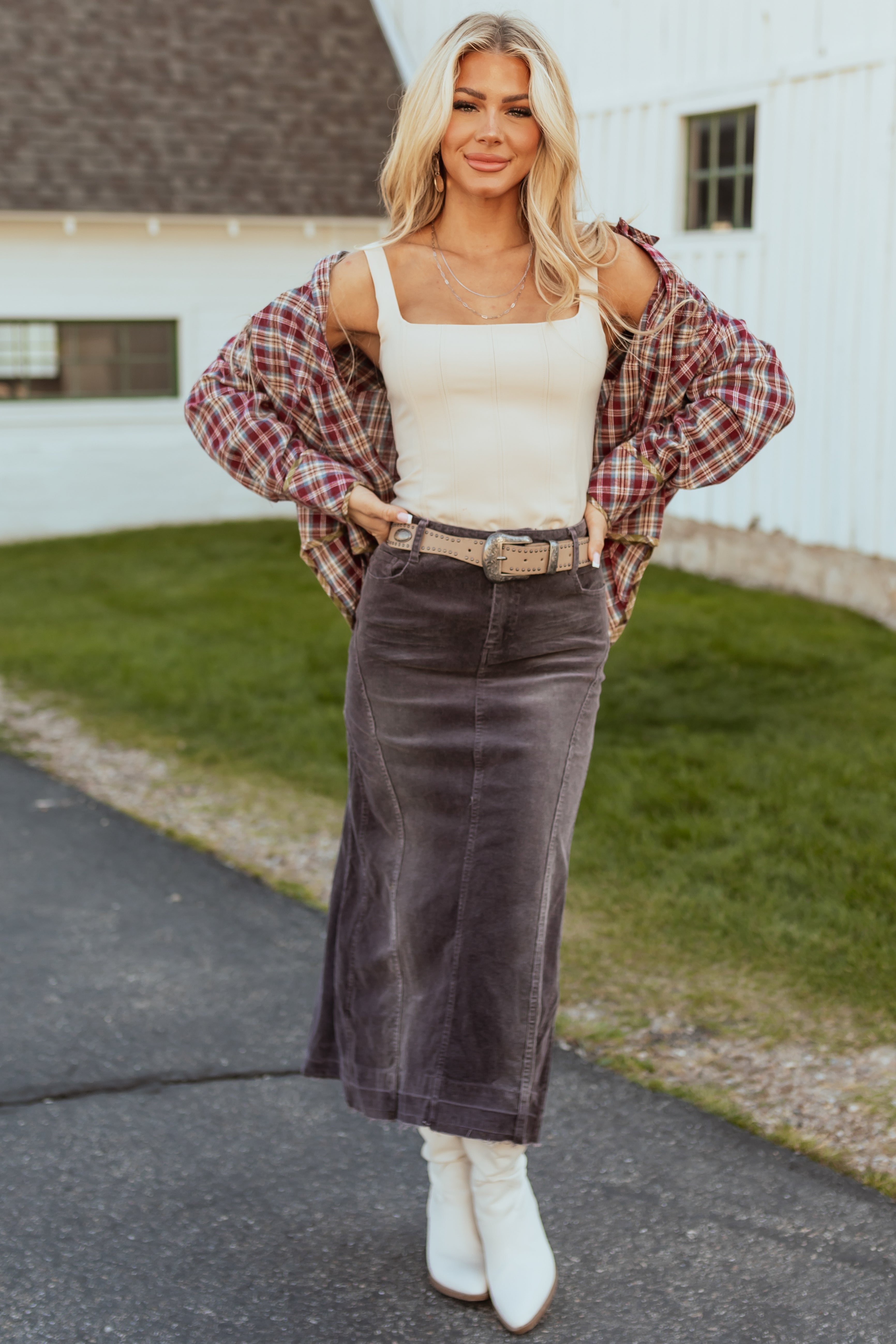 Quartz Washed Corduroy High Low Midi Skirt