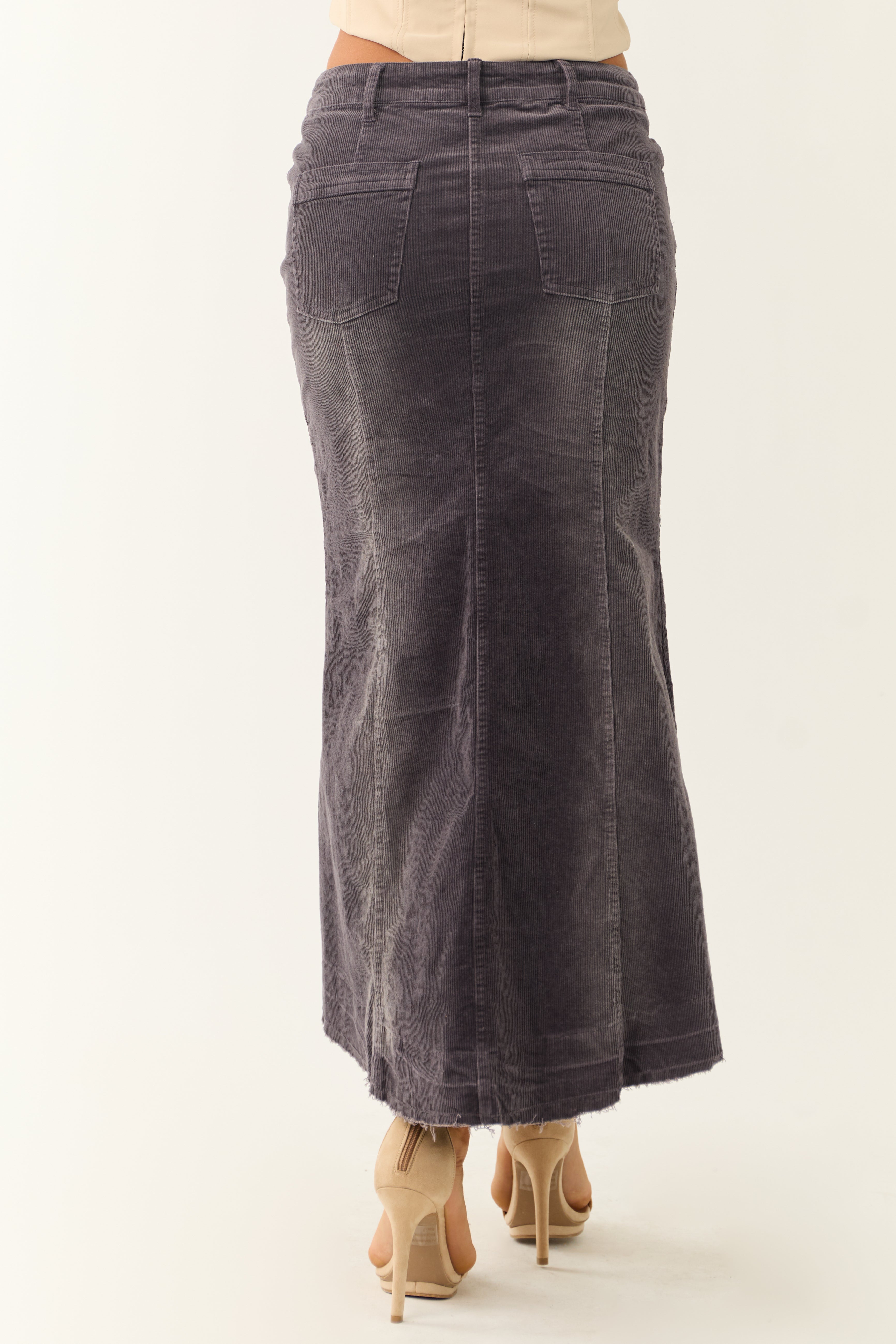 Quartz Washed Corduroy High Low Midi Skirt