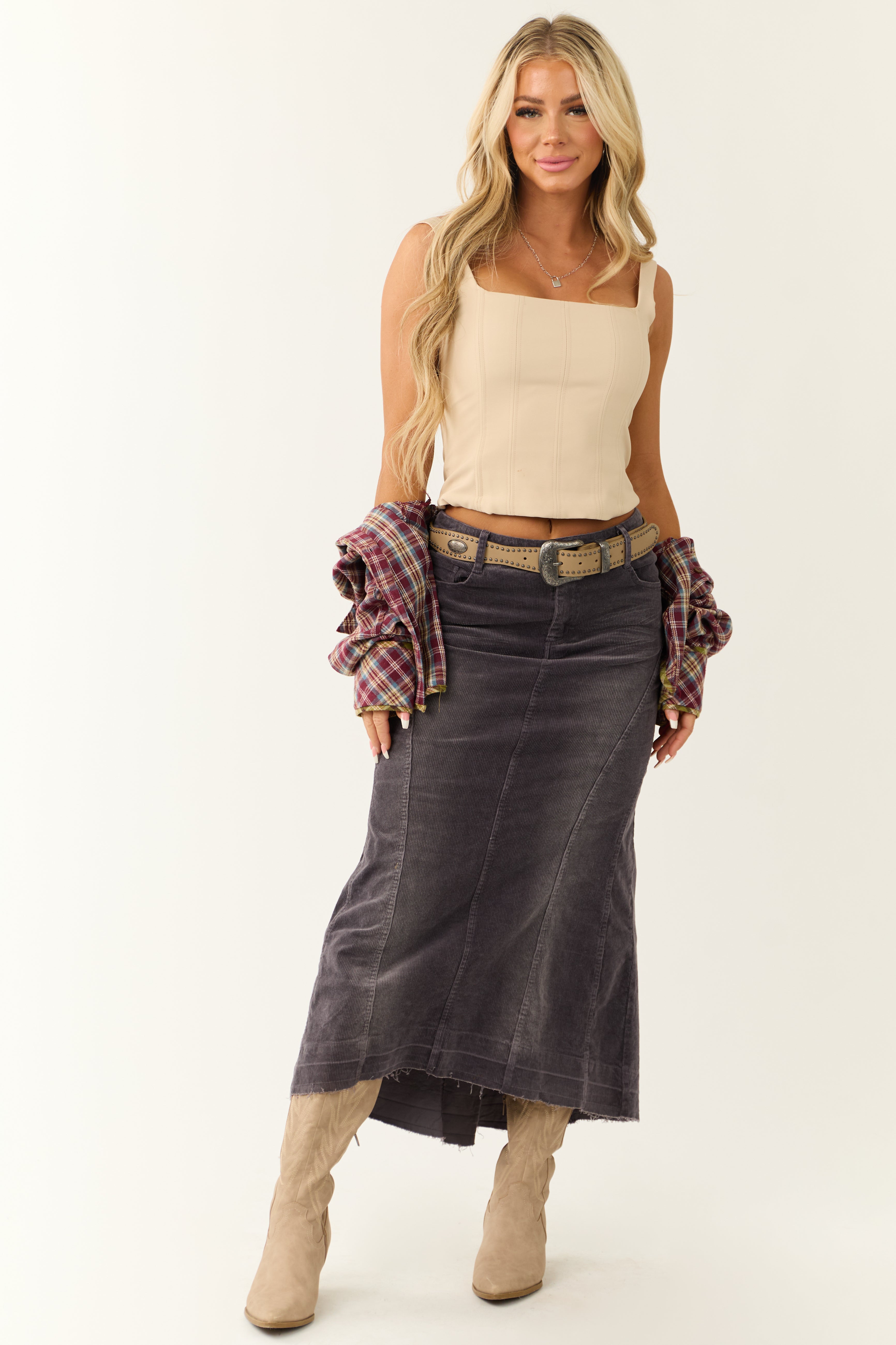Quartz Washed Corduroy High Low Midi Skirt