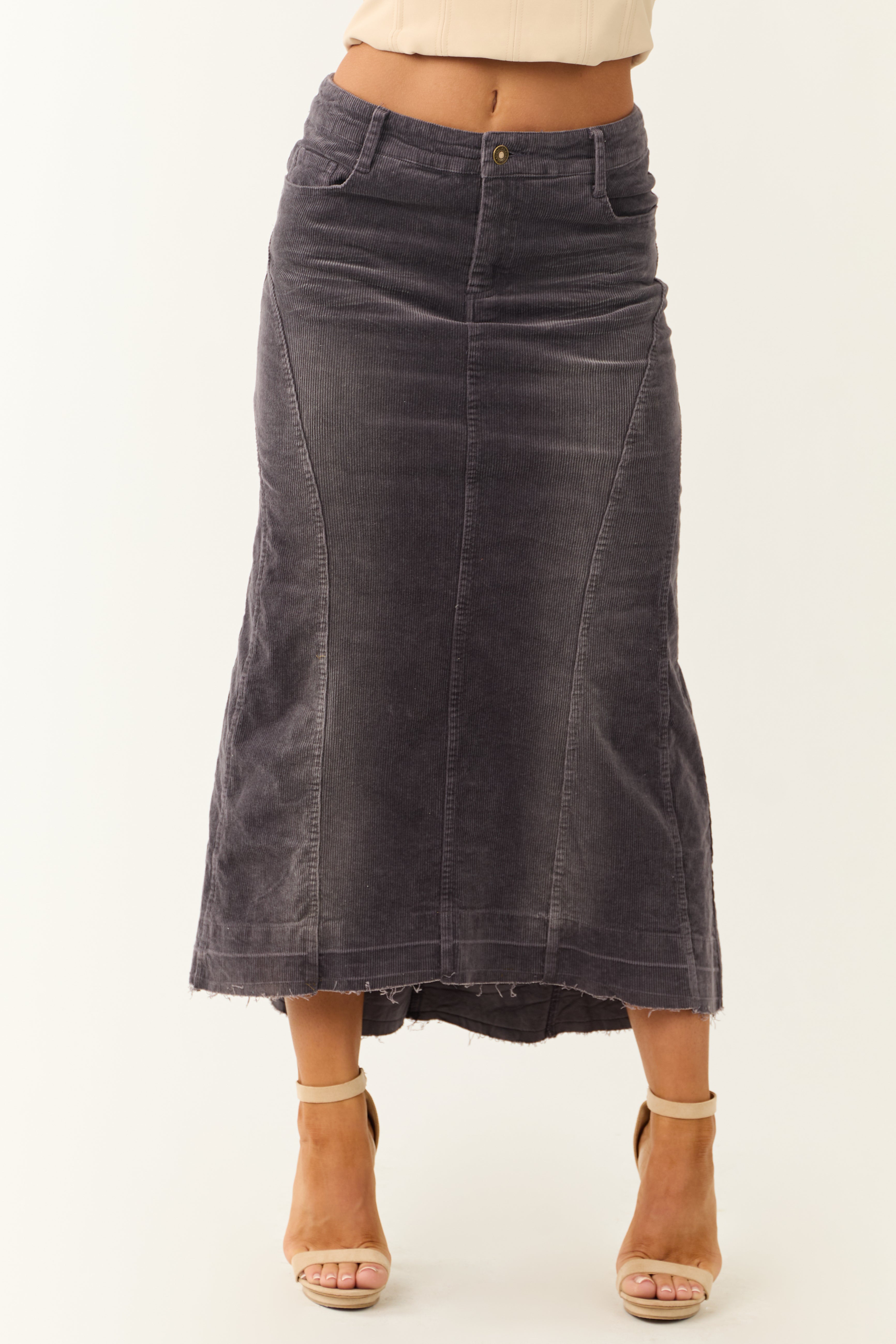 Quartz Washed Corduroy High Low Midi Skirt