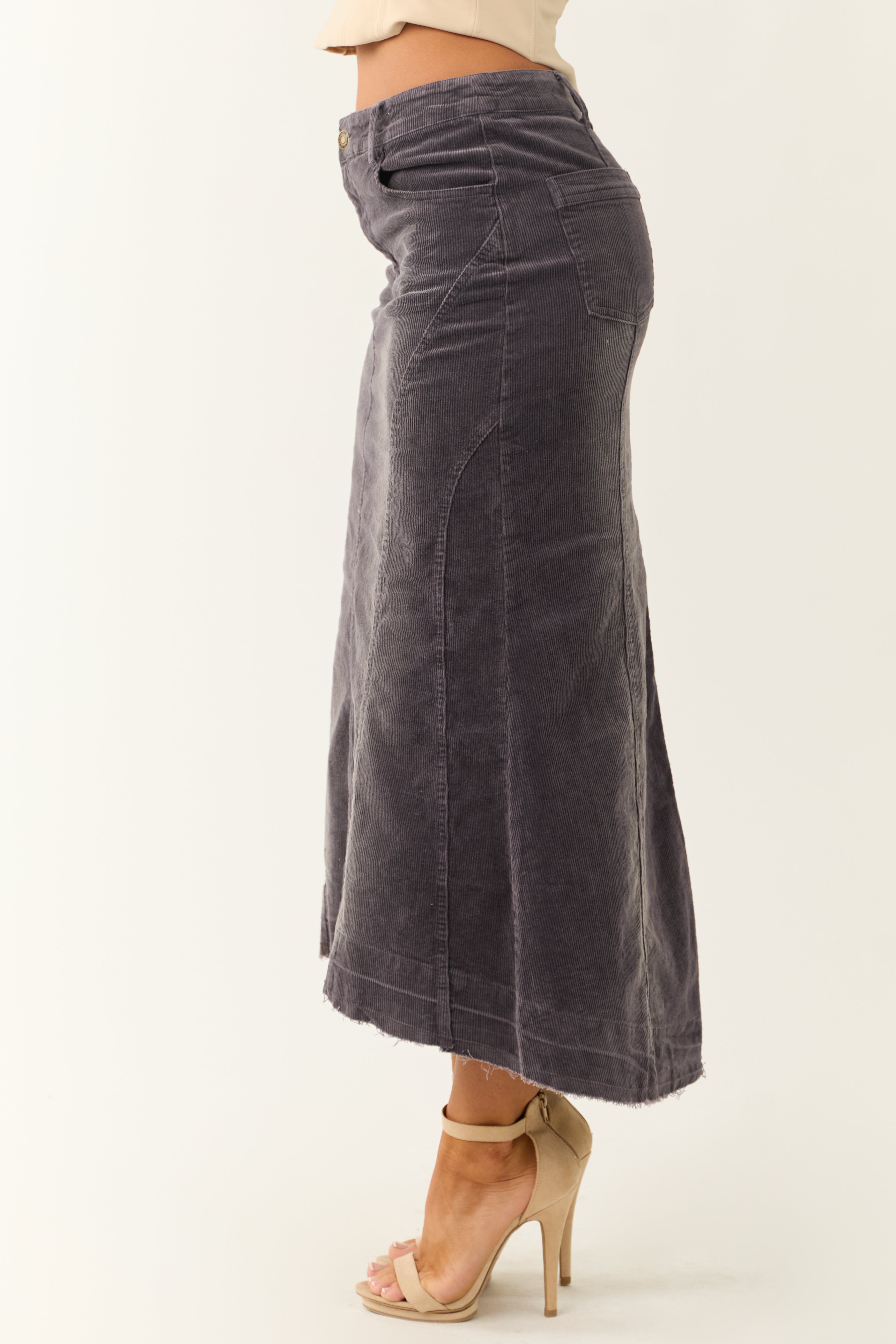 Quartz Washed Corduroy High Low Midi Skirt