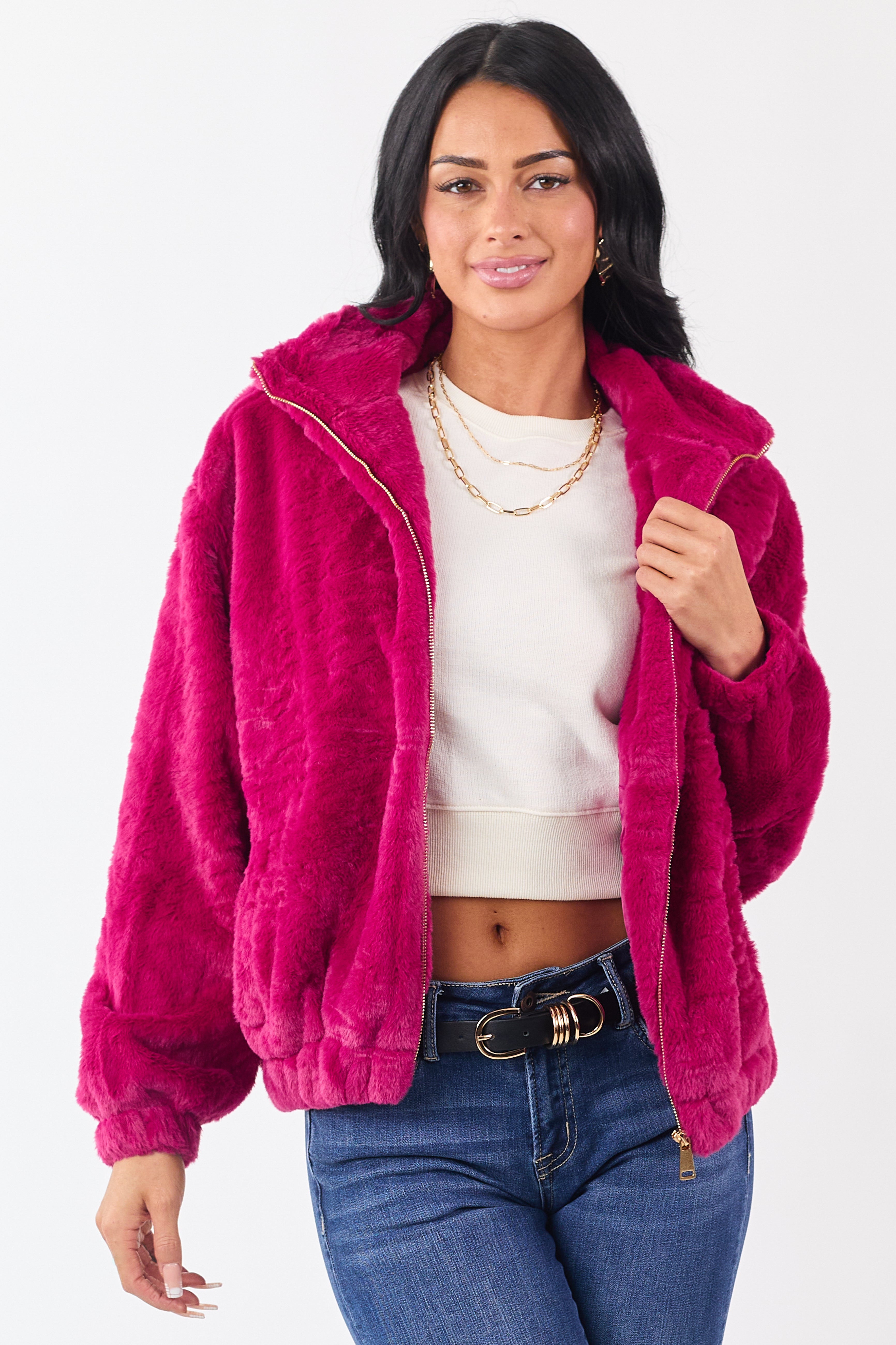 Raspberry Faux Fur Zip Up Collared Jacket | Lime Lush Boutique