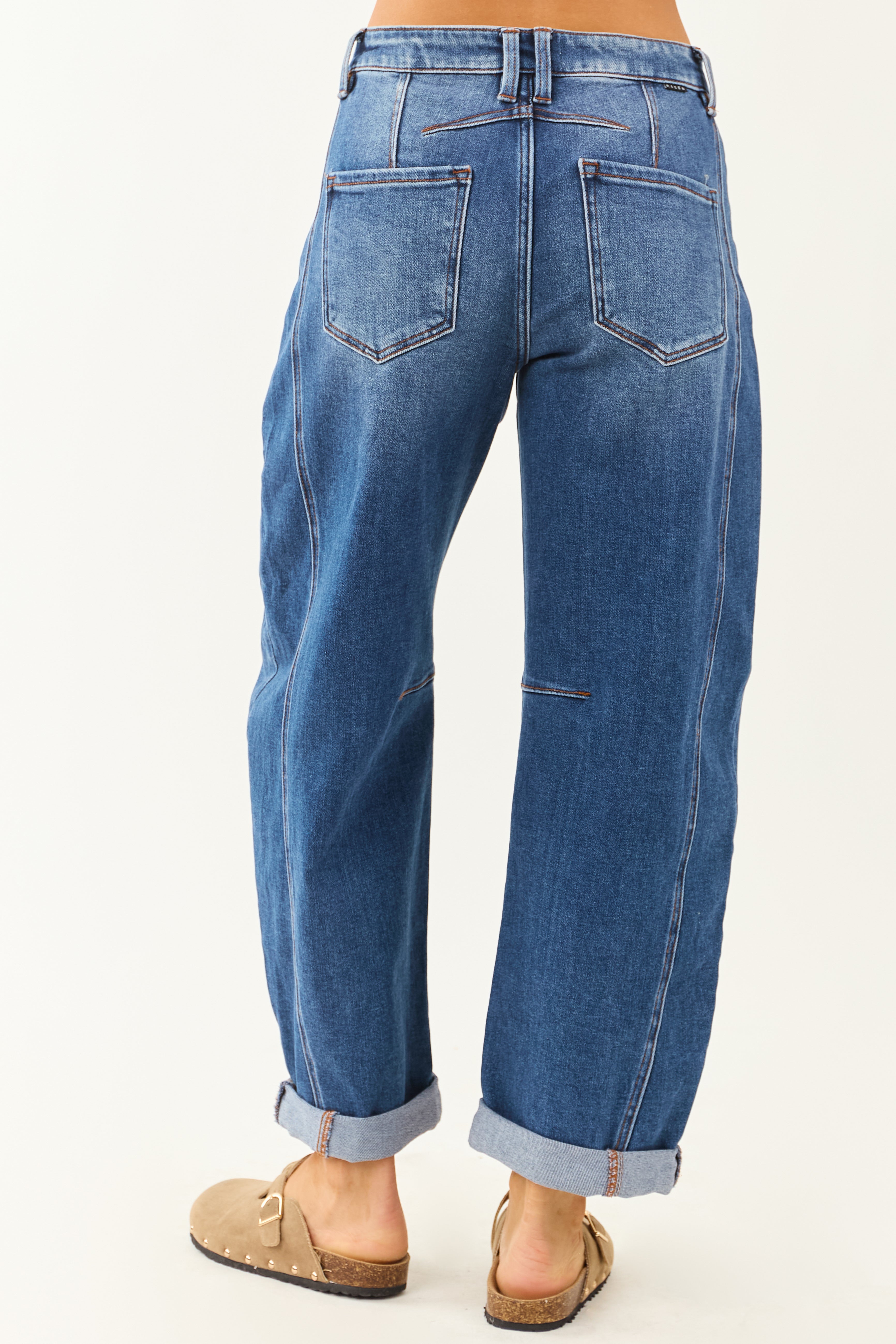 Risen Stretchy Dark Wash Cuffed Barrel Jeans