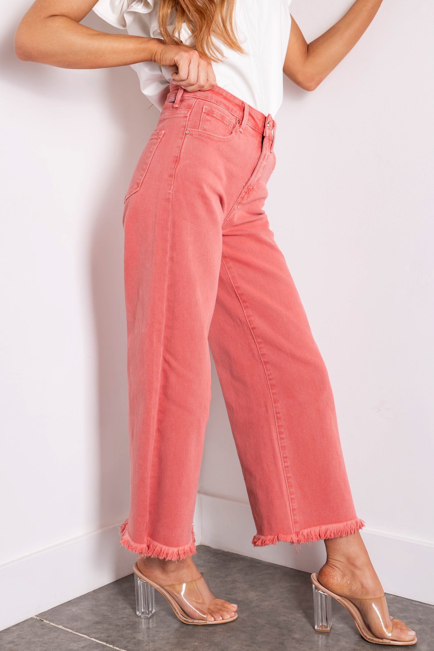 Risen Watermelon Tummy Control Cropped Wide Jeans