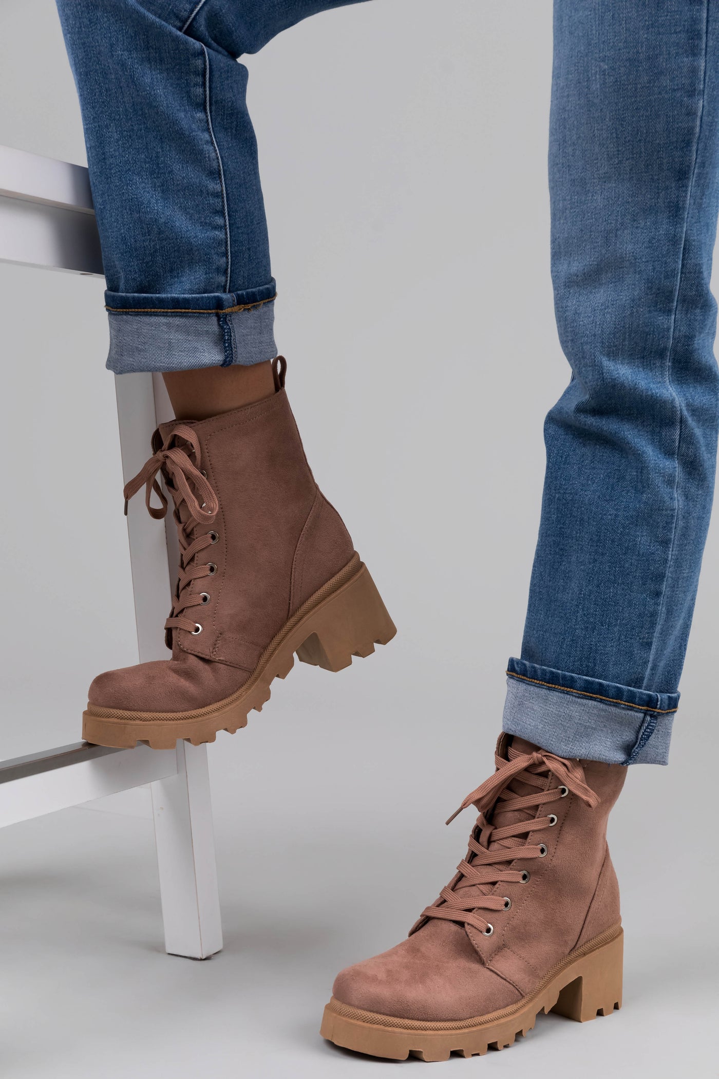 Rose Taupe Suede Lace Up Combat Boot