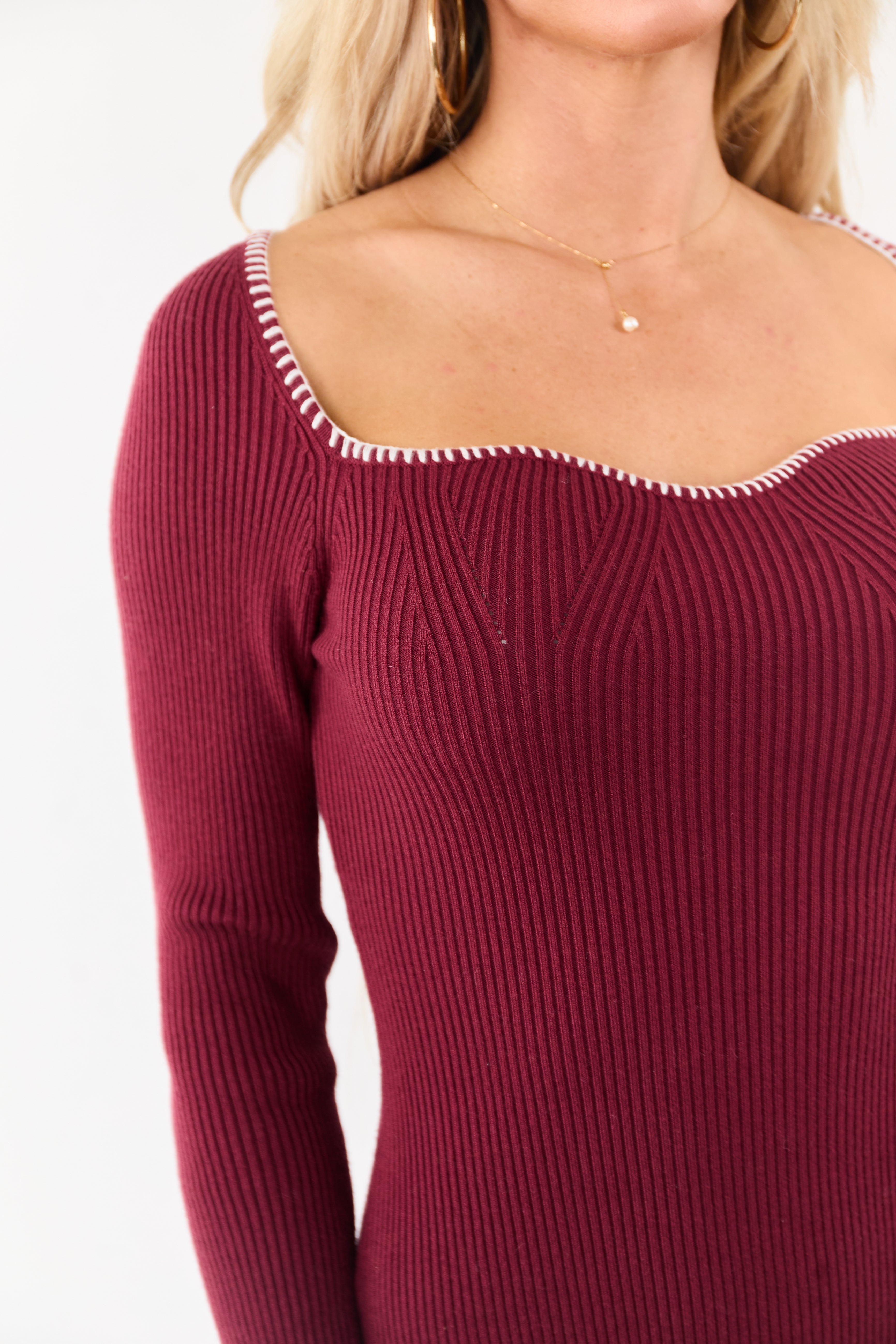 Ruby Rib Knit Contrast Stitch Mini Sweater Dress