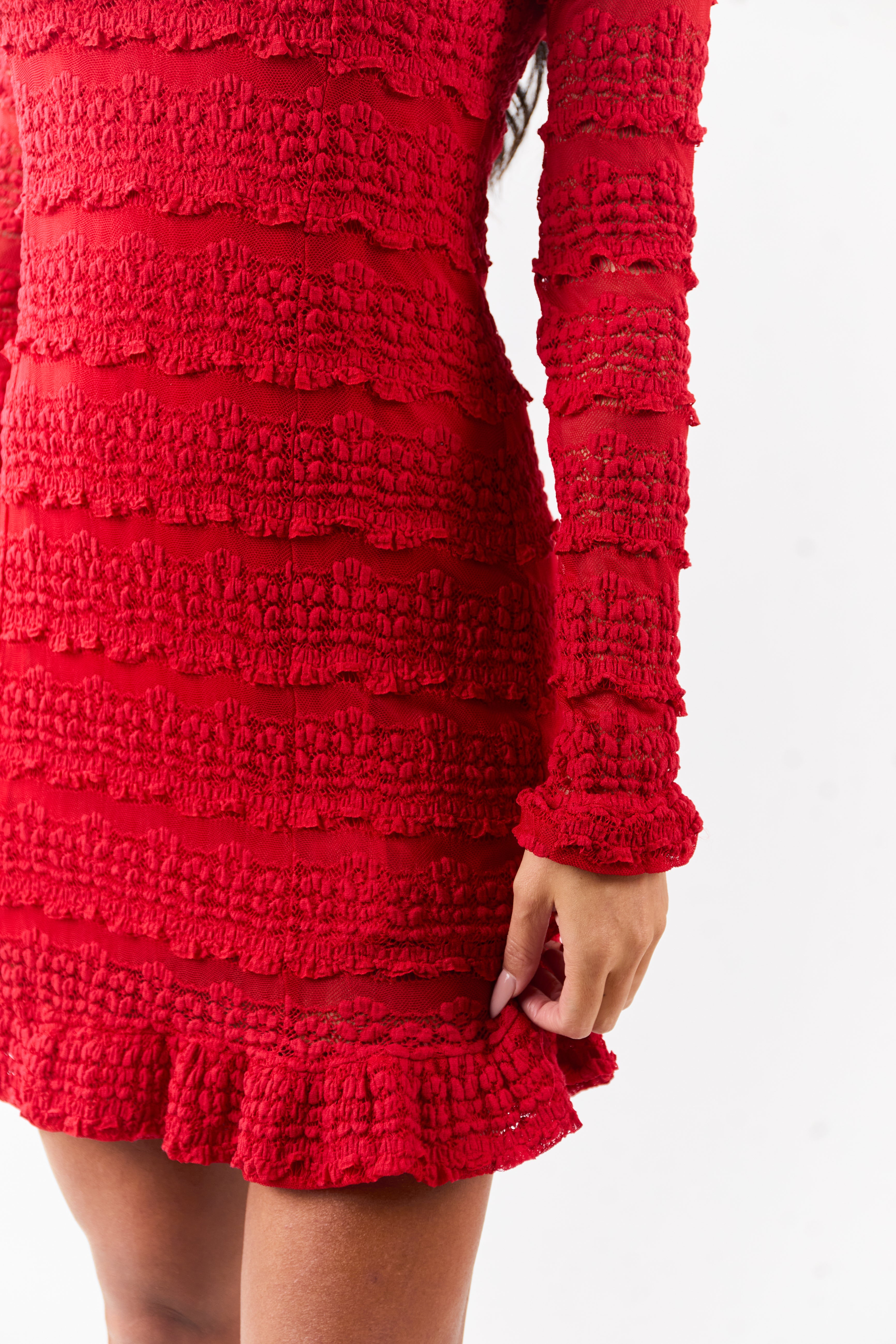 Ruby Ruffle Lace Mock Neck Long Sleeve Mini Dress