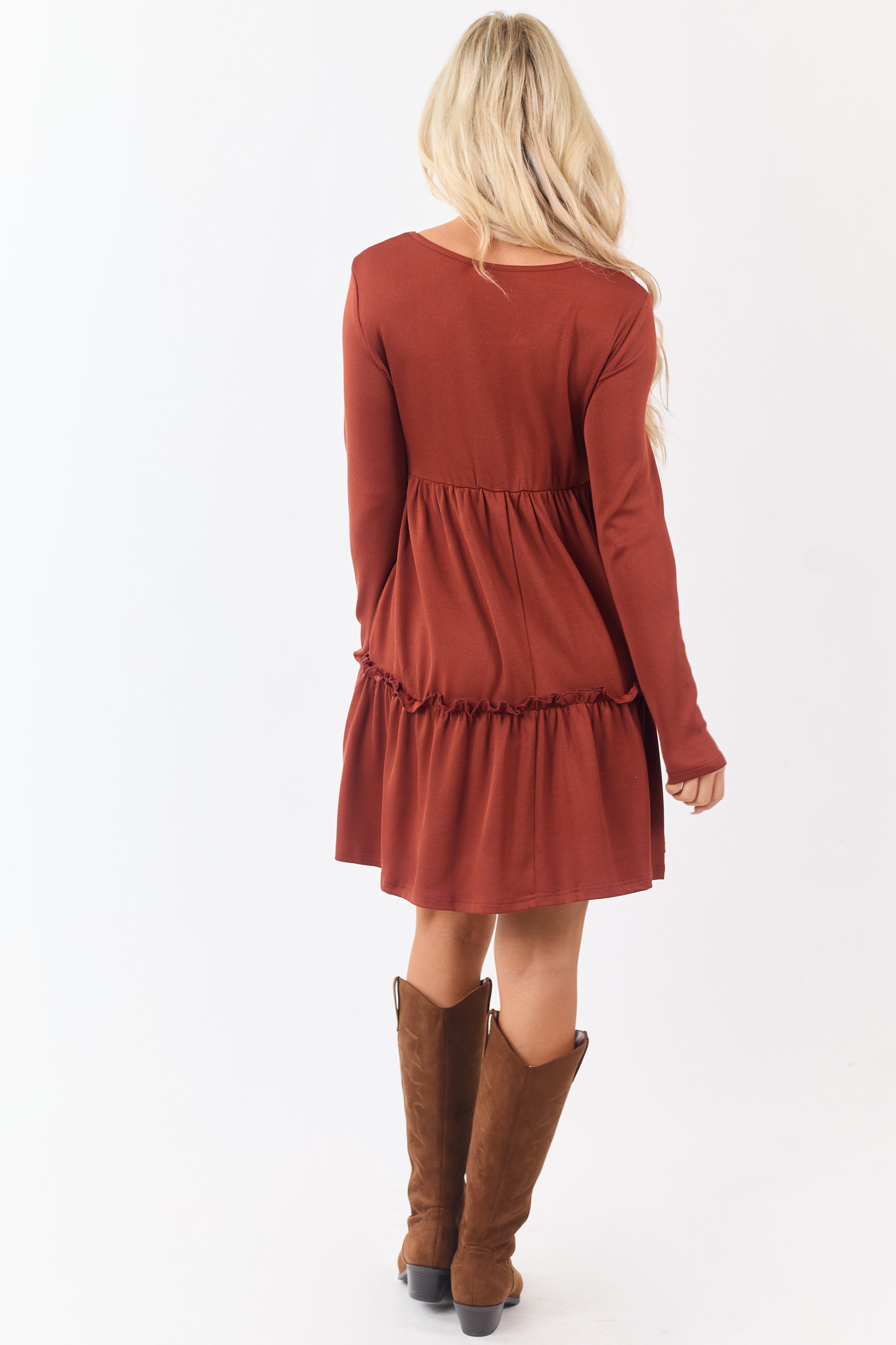 Rust Long Sleeve Frill Tiered Mini Dress