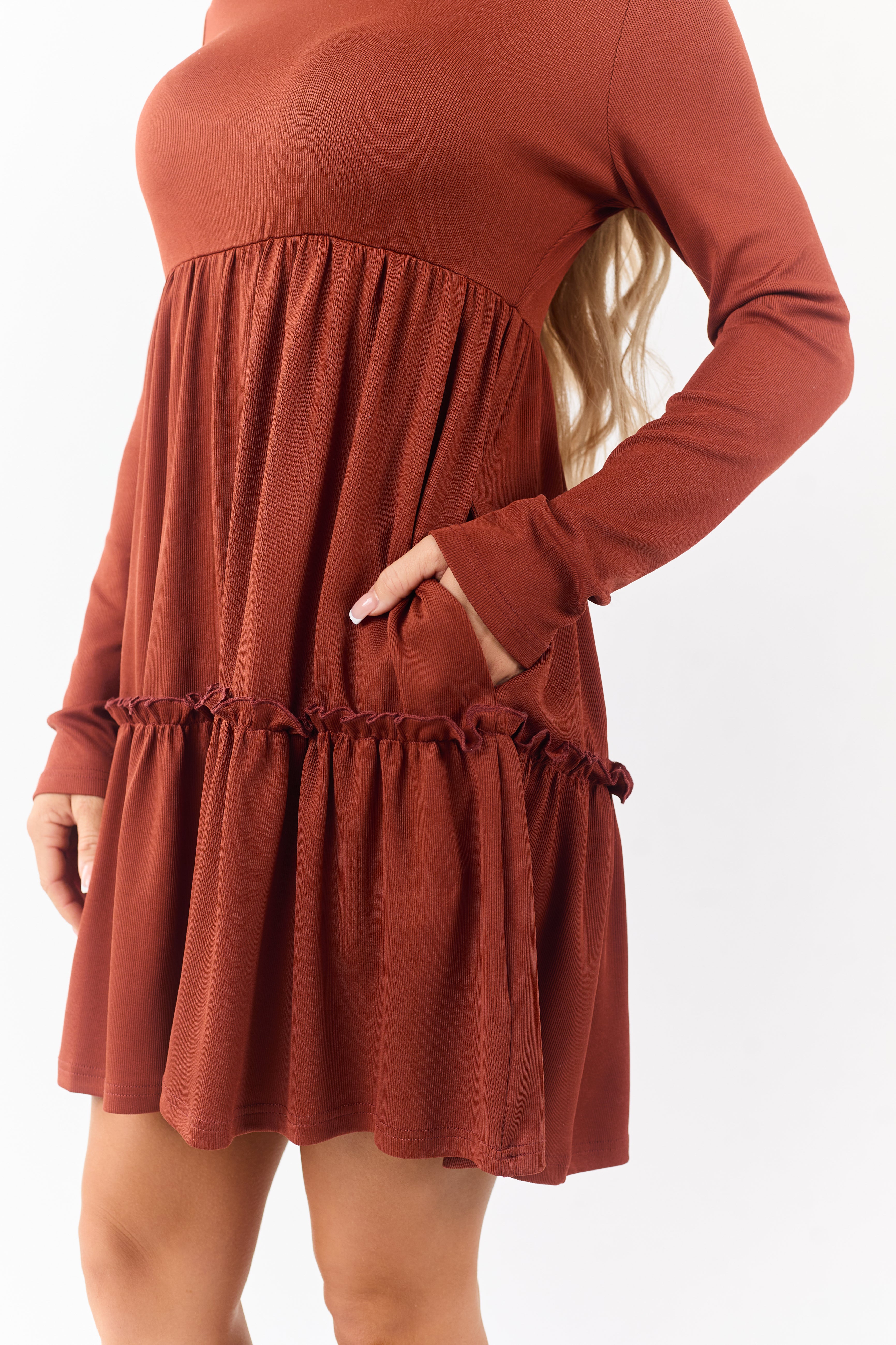 Rust Long Sleeve Frill Tiered Mini Dress