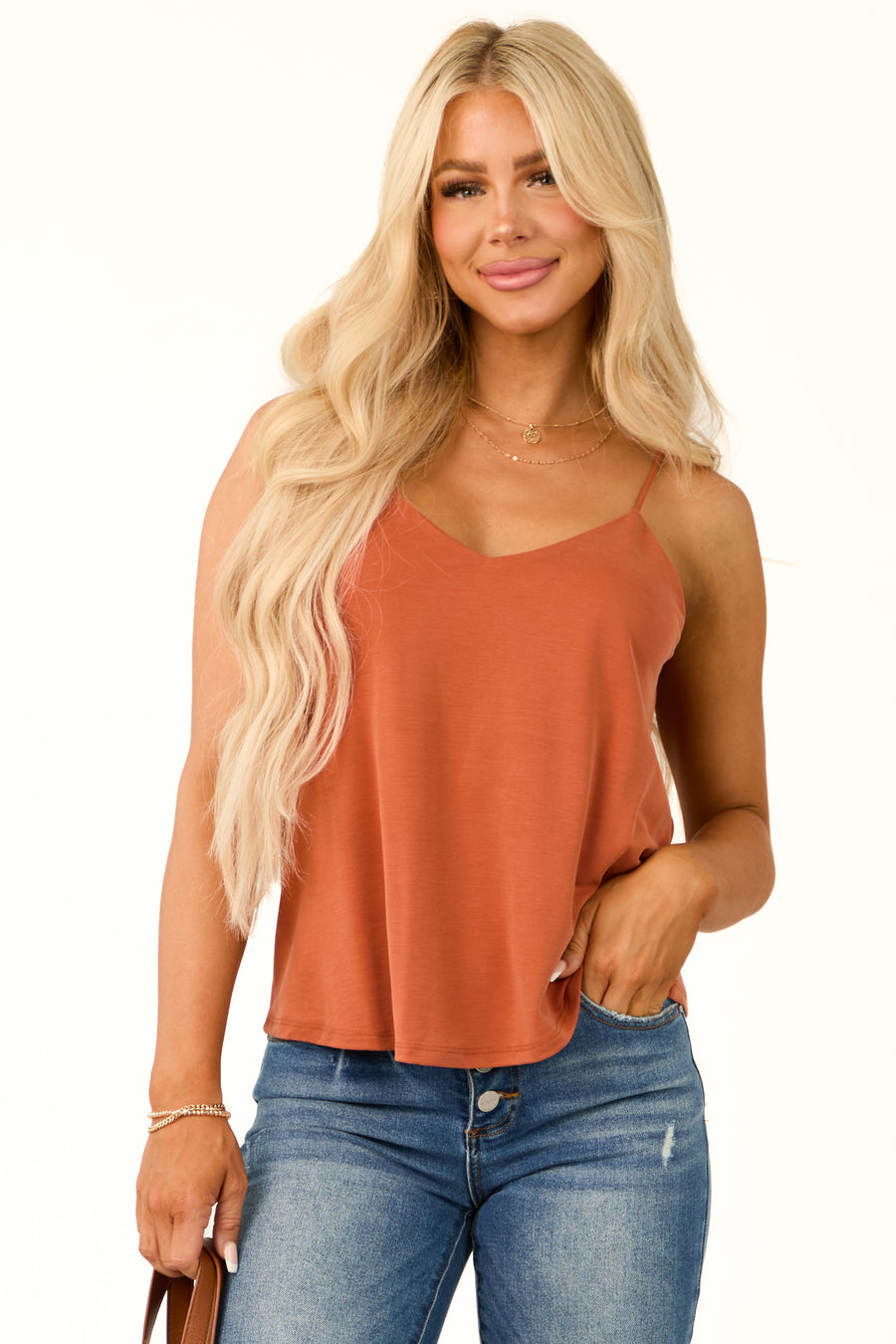 Rust V Neck Soft Knit Relaxed Fit Tank Top