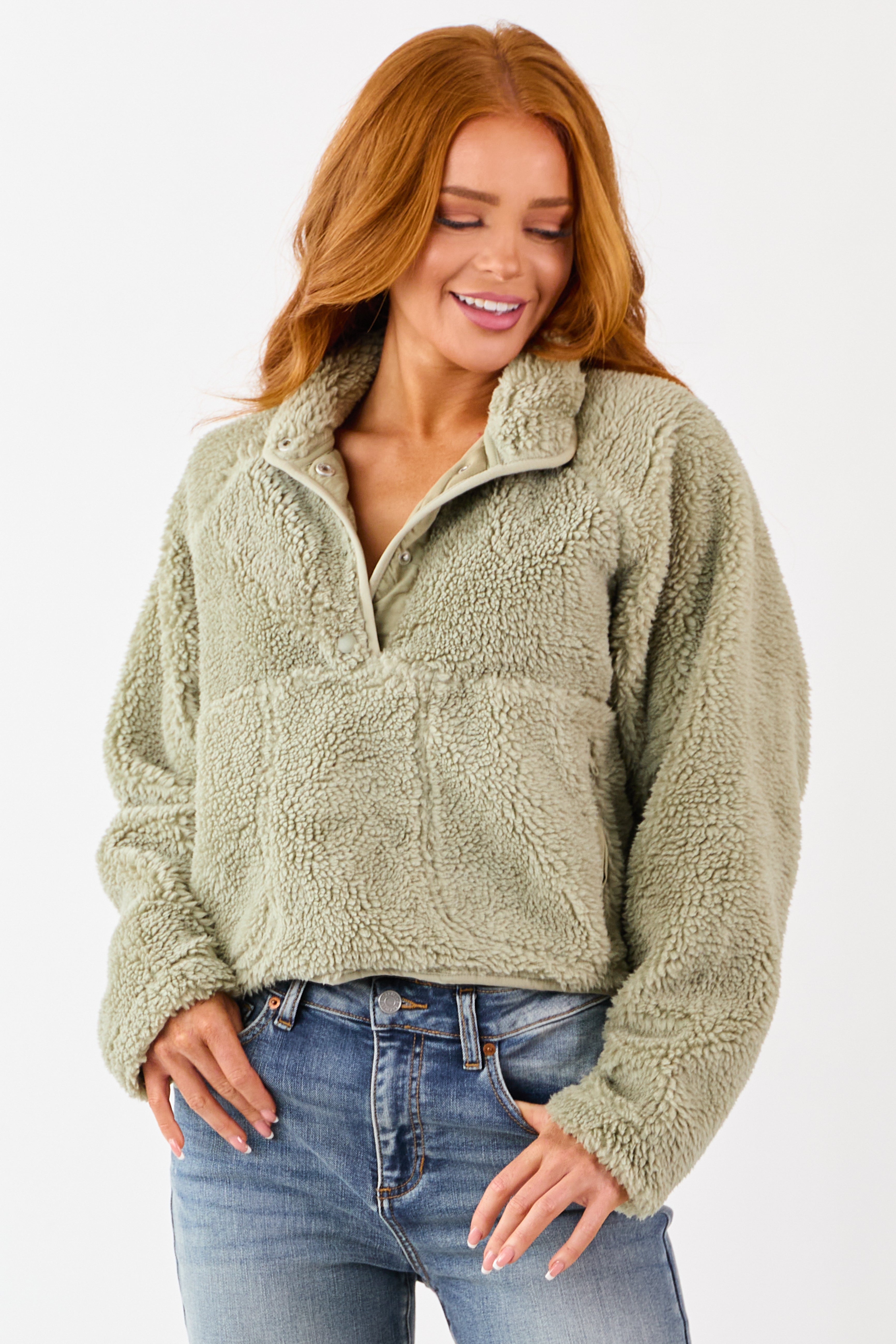 Sage Half Snap Button Sherpa Pullover Jacket | Lime Lush Boutique