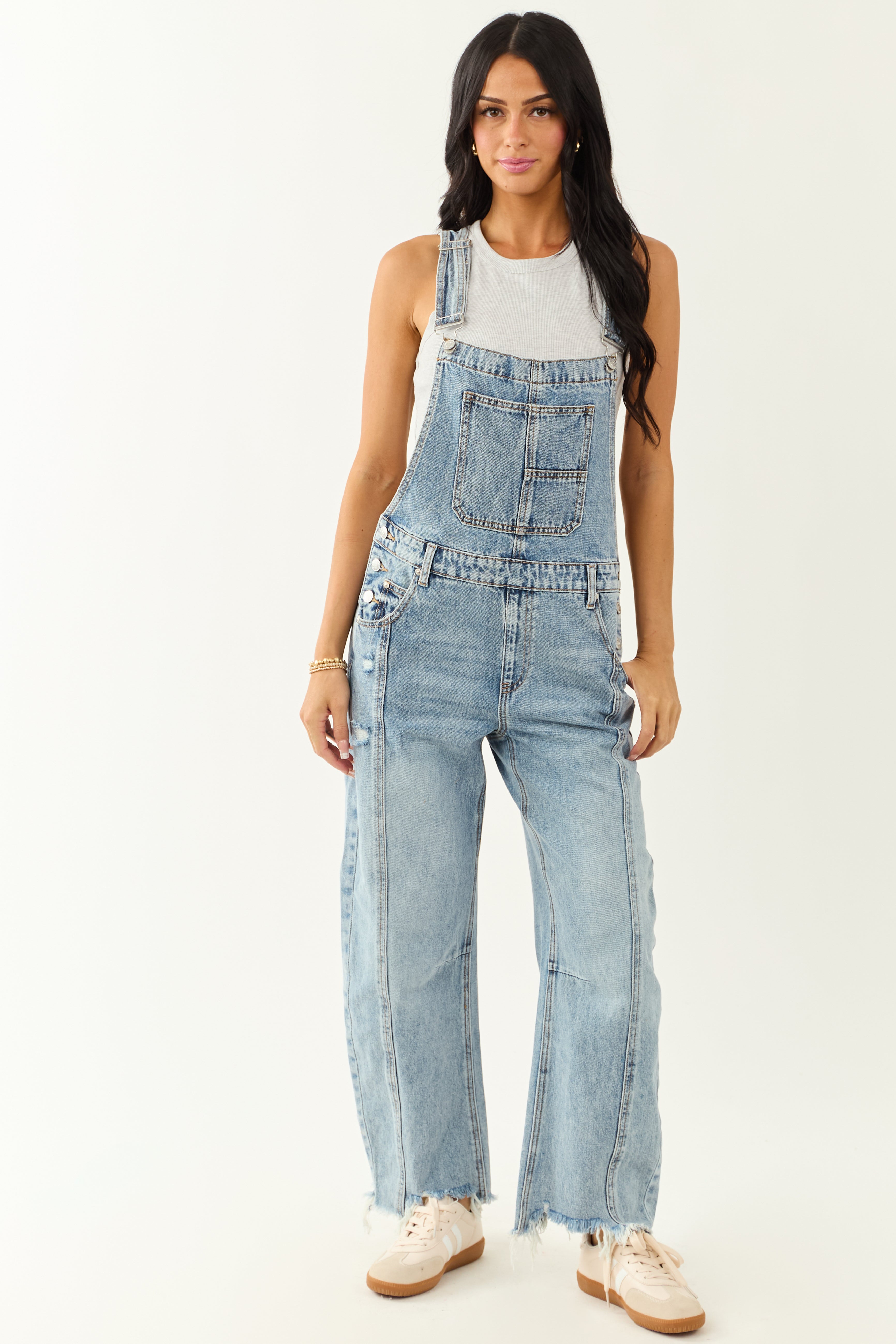 Saige Light Wash Denim Barrel Leg Overalls