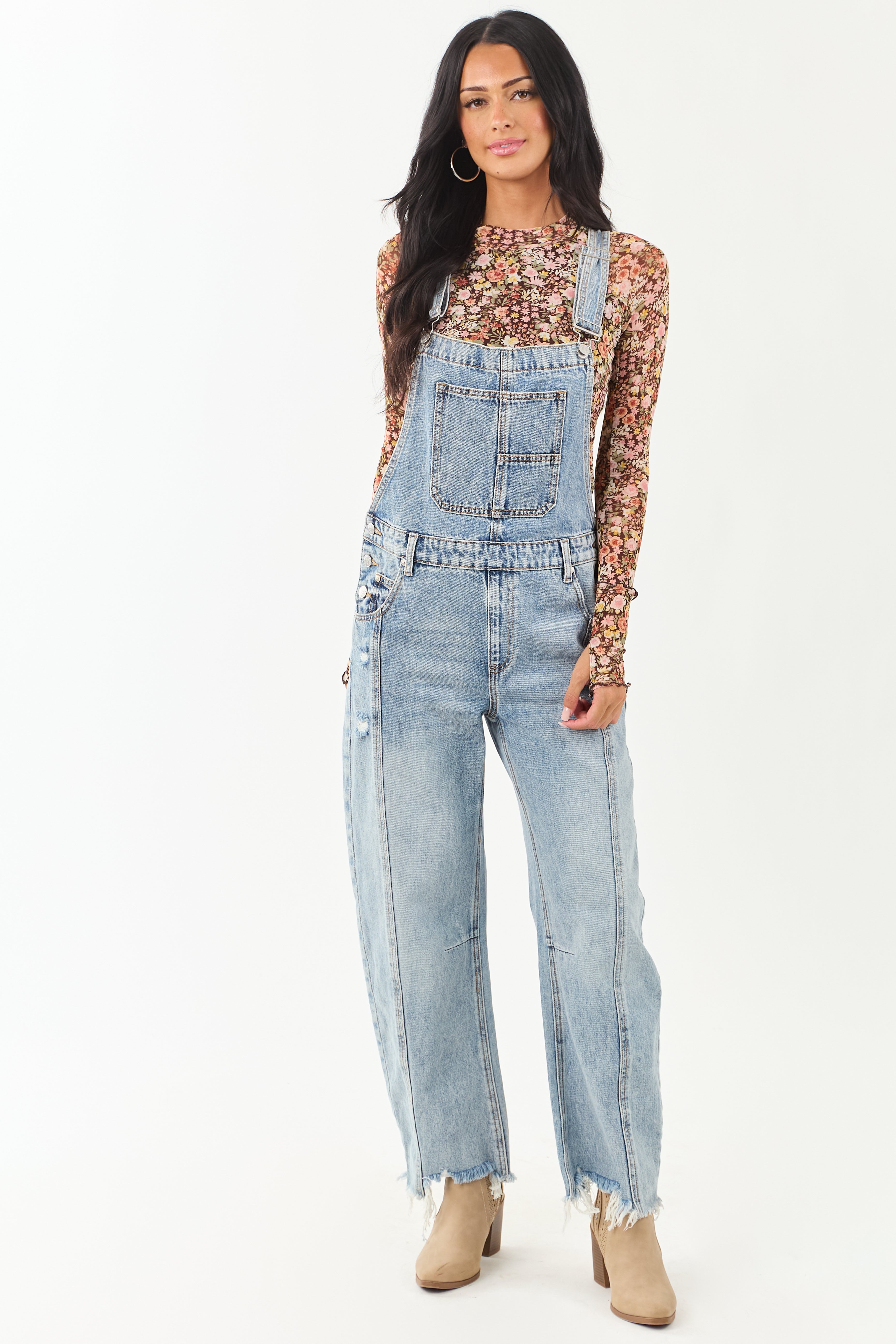 Saige Light Wash Denim Barrel Leg Overalls