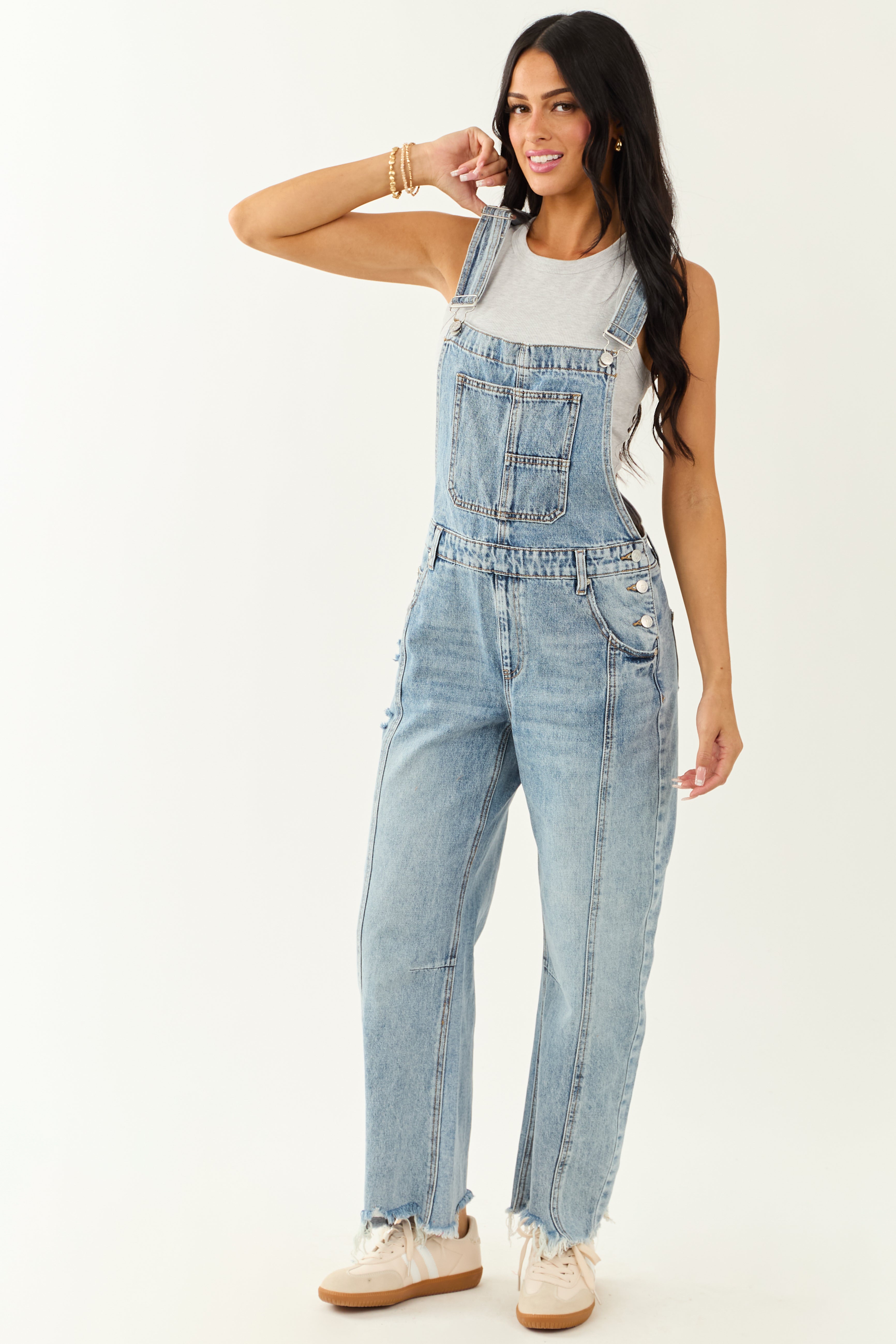 Saige Light Wash Denim Barrel Leg Overalls