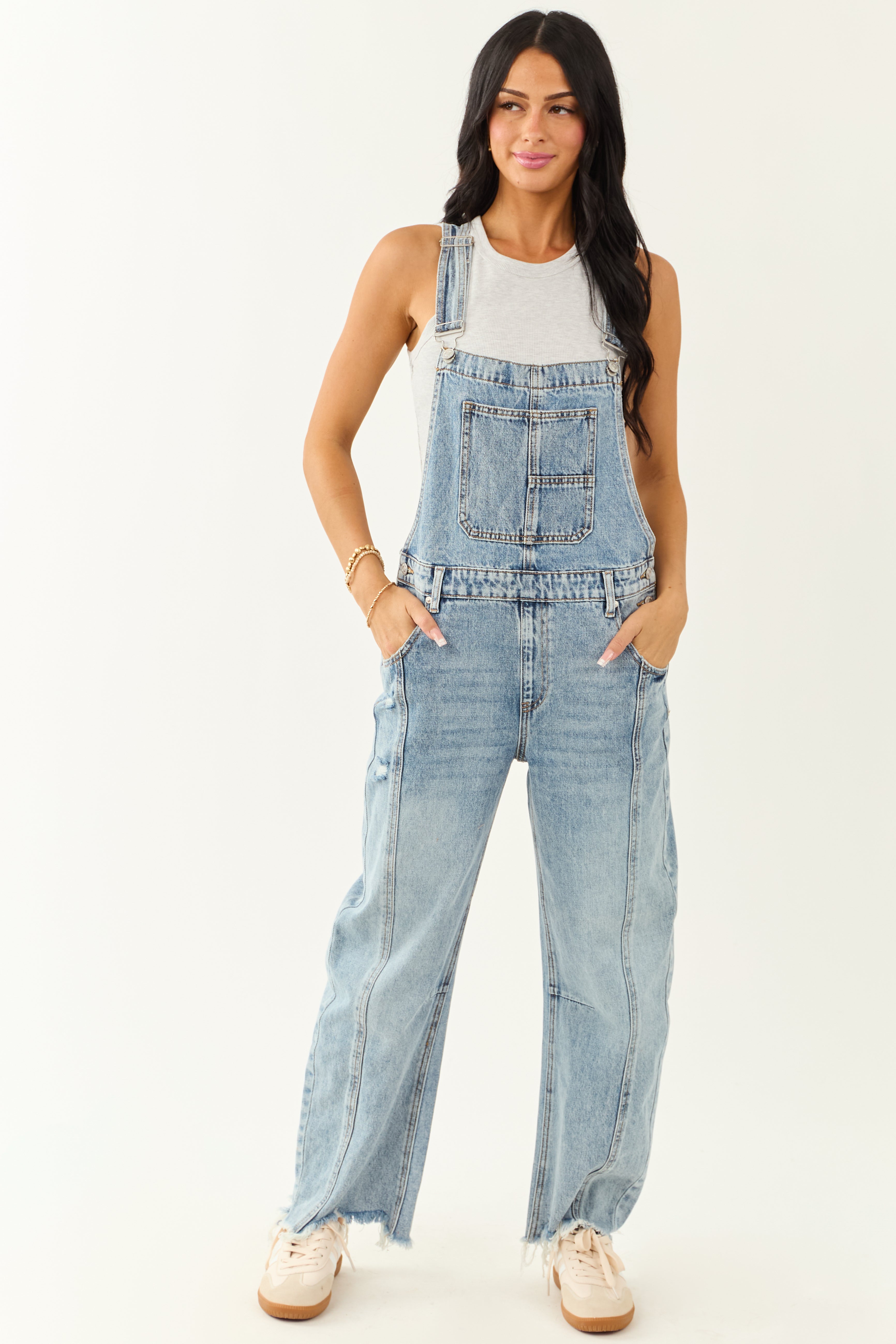 Saige Light Wash Denim Barrel Leg Overalls