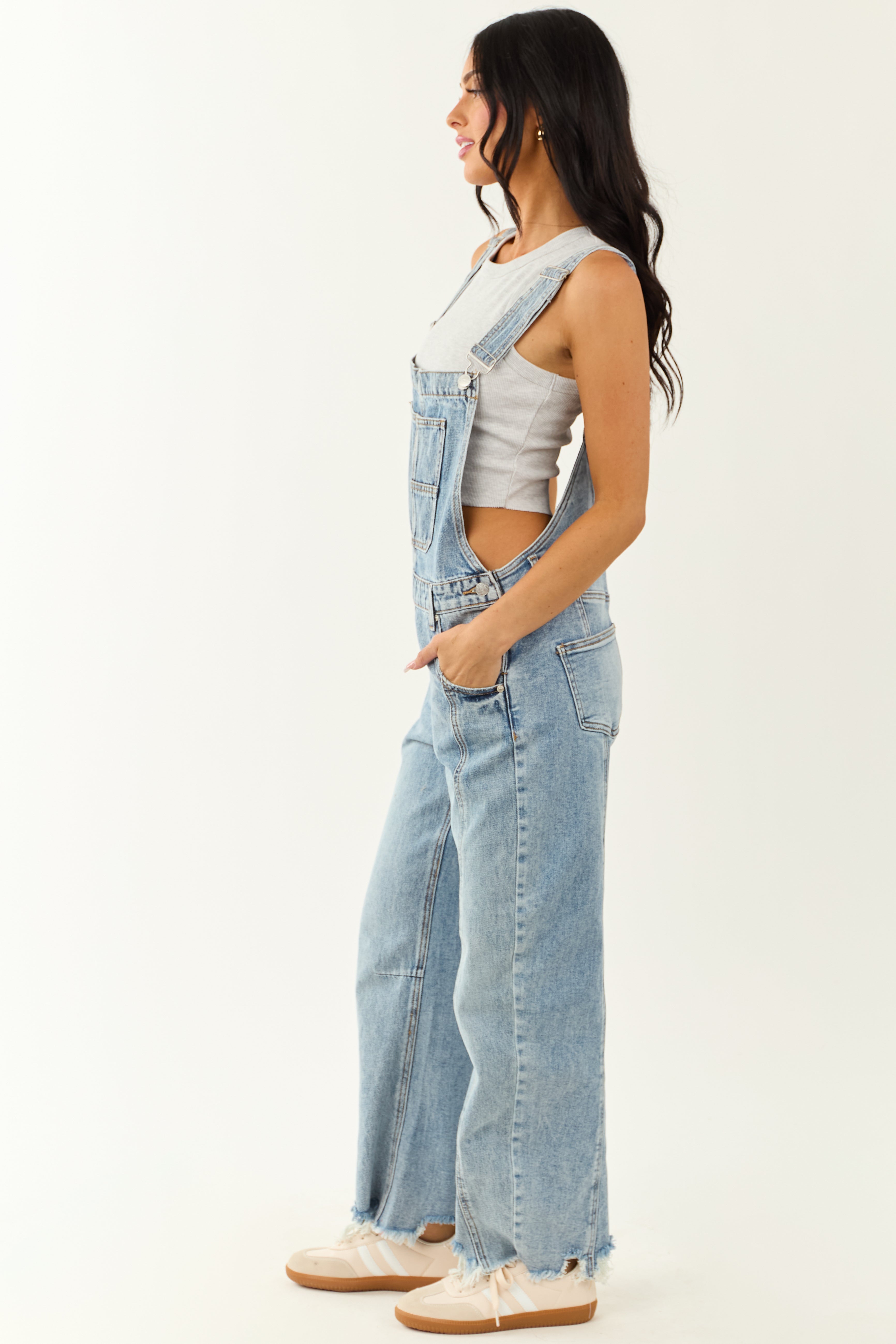 Saige Light Wash Denim Barrel Leg Overalls