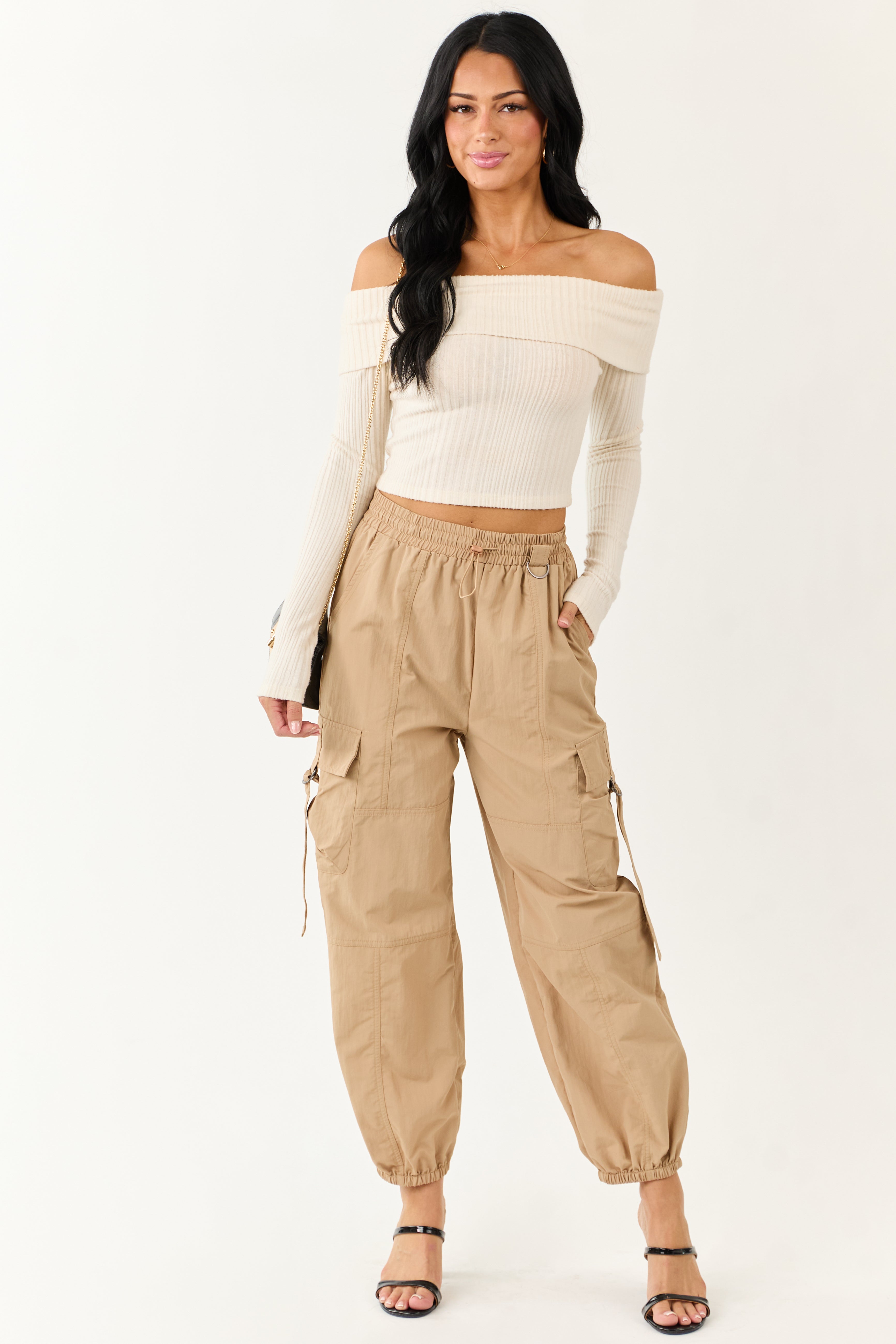 Sand Drawstring Waistband Cargo Jogger Pants | Lime Lush Boutique
