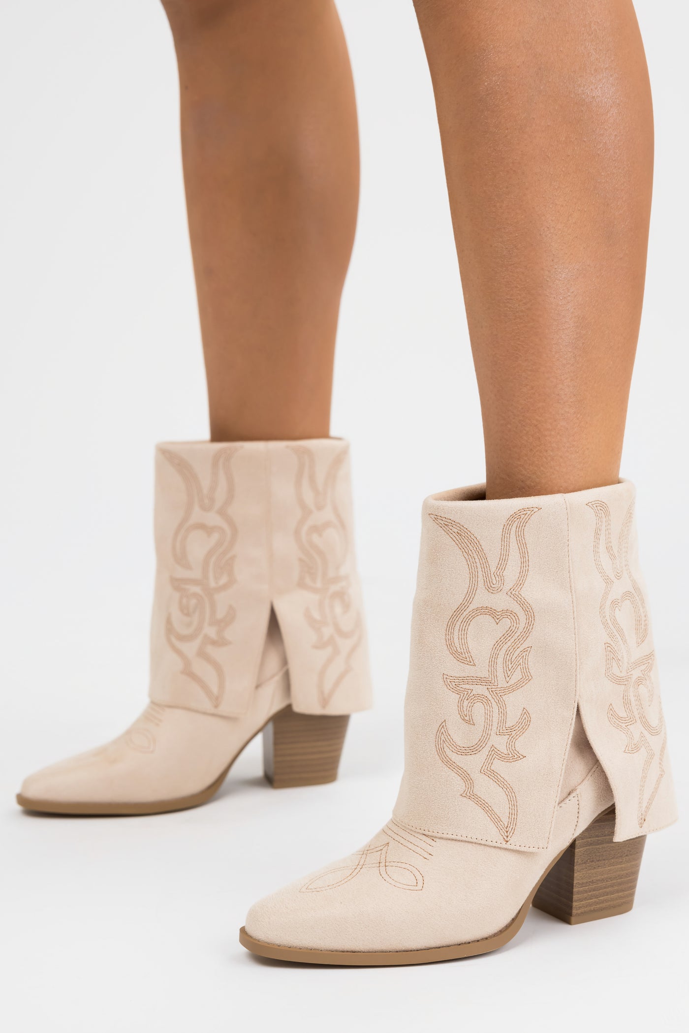Sand Faux Suede Fold Over Western Boots