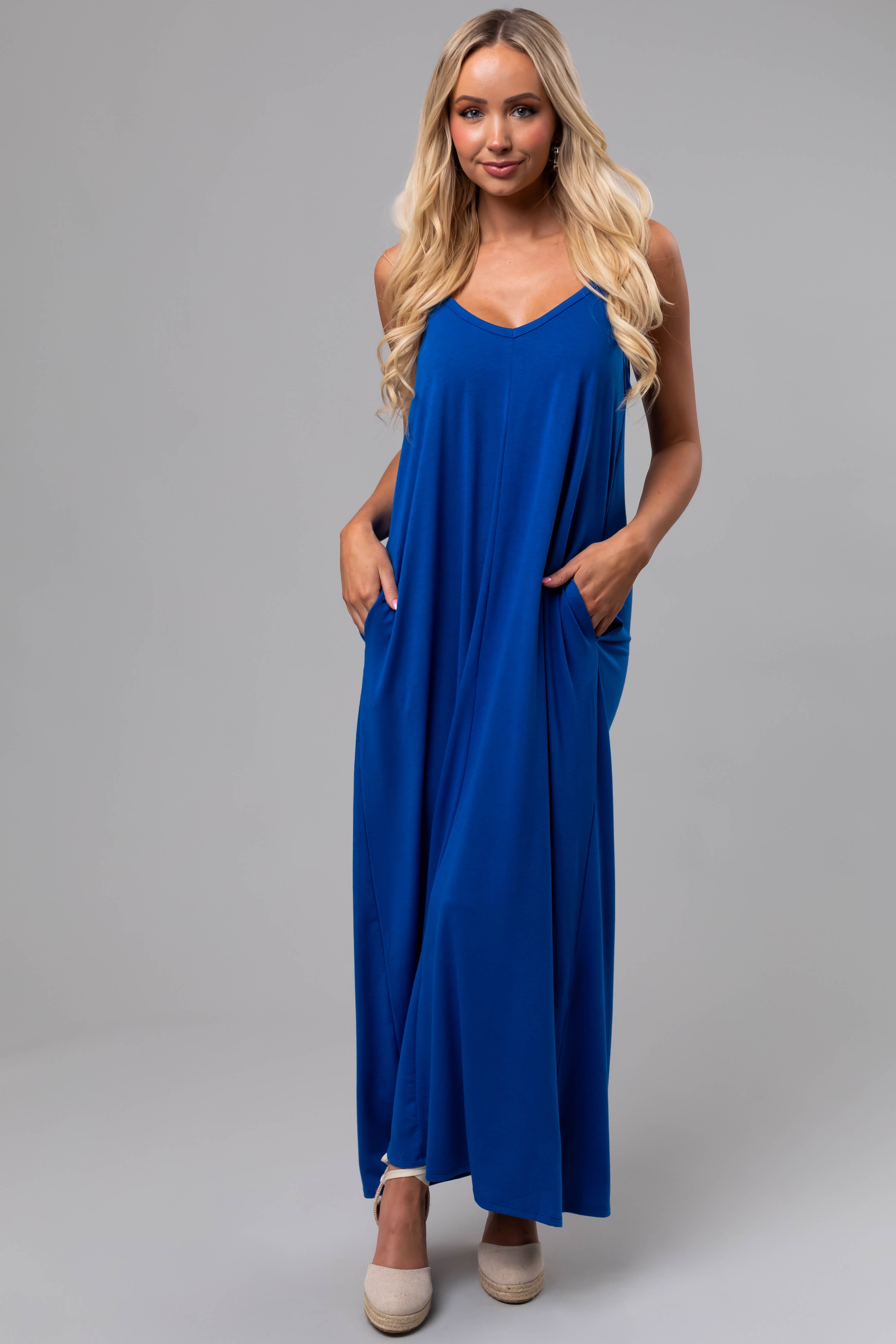 Sapphire Sleeveless Knit Maxi Dress with Pockets Lime Lush