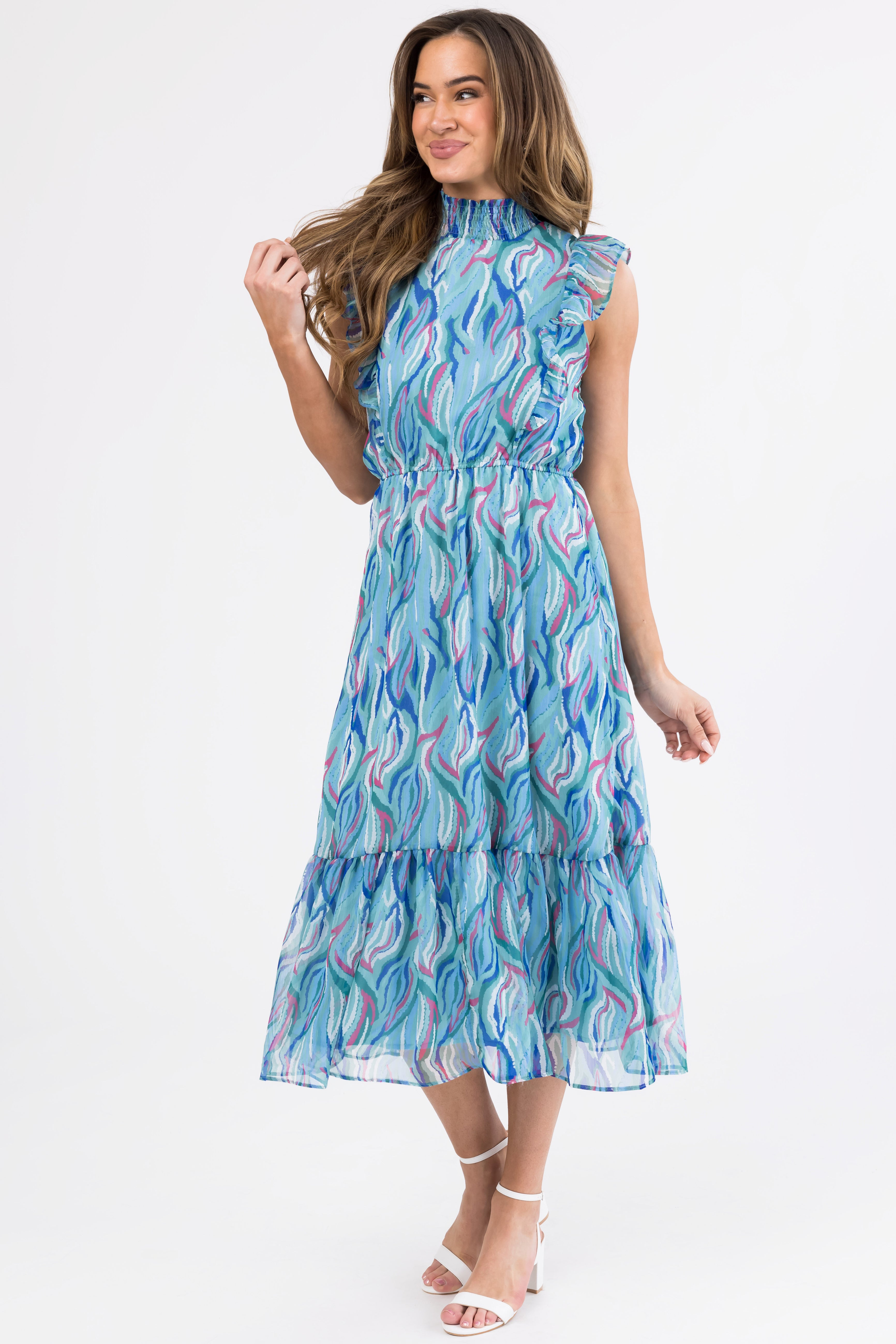 Plus Size Abstract Print Ruffle Hem Mesh Midi Dress main image 0