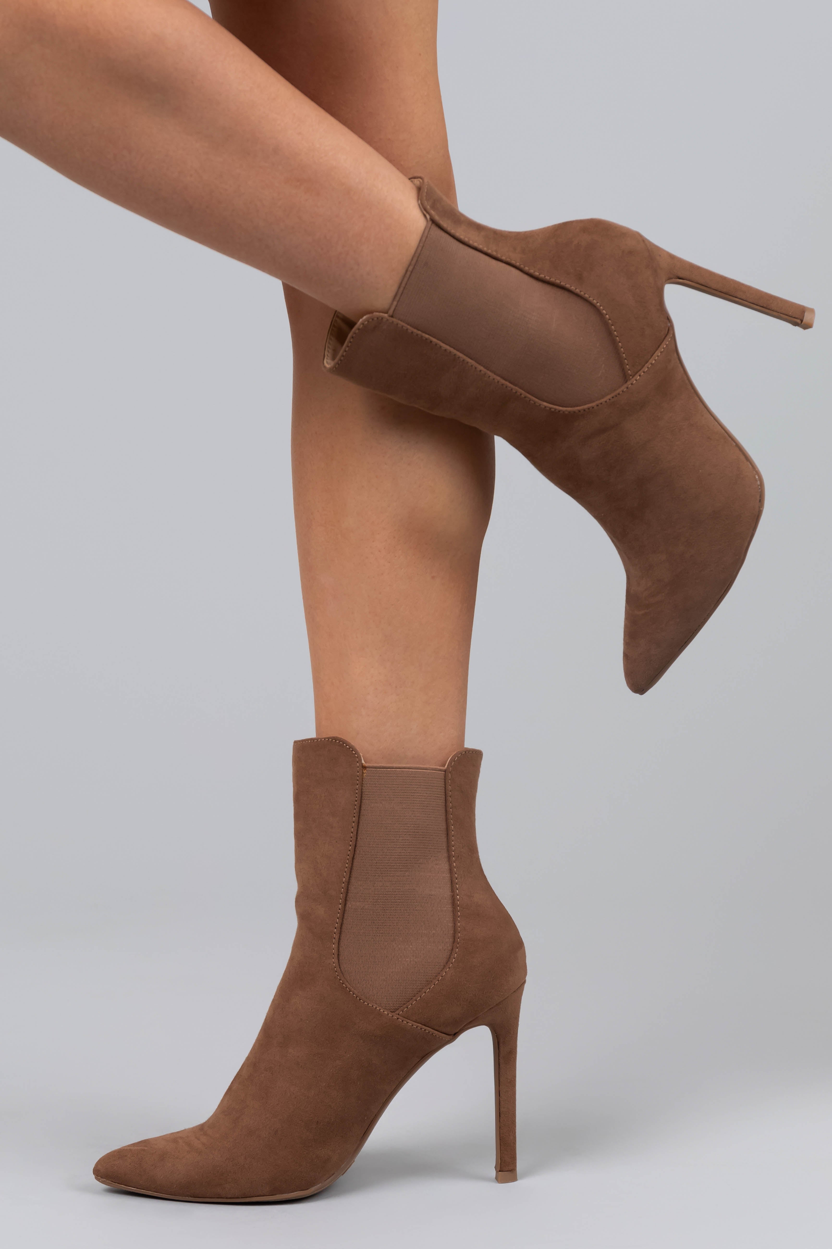 Sepia Faux Suede Elastic Panel Stiletto Booties Lime Lush