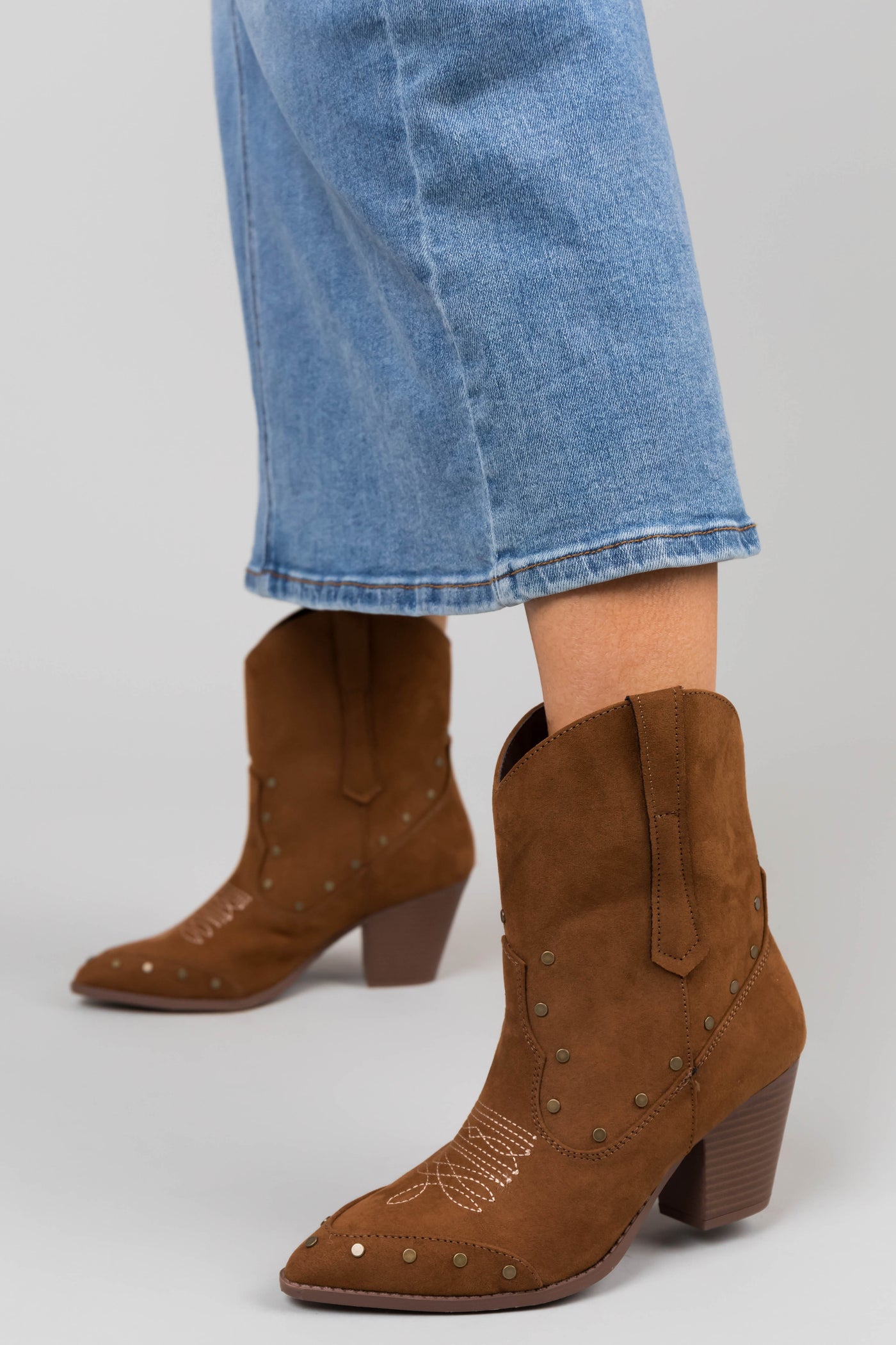 Sepia Pointed Toe Studded Western Calf Boots