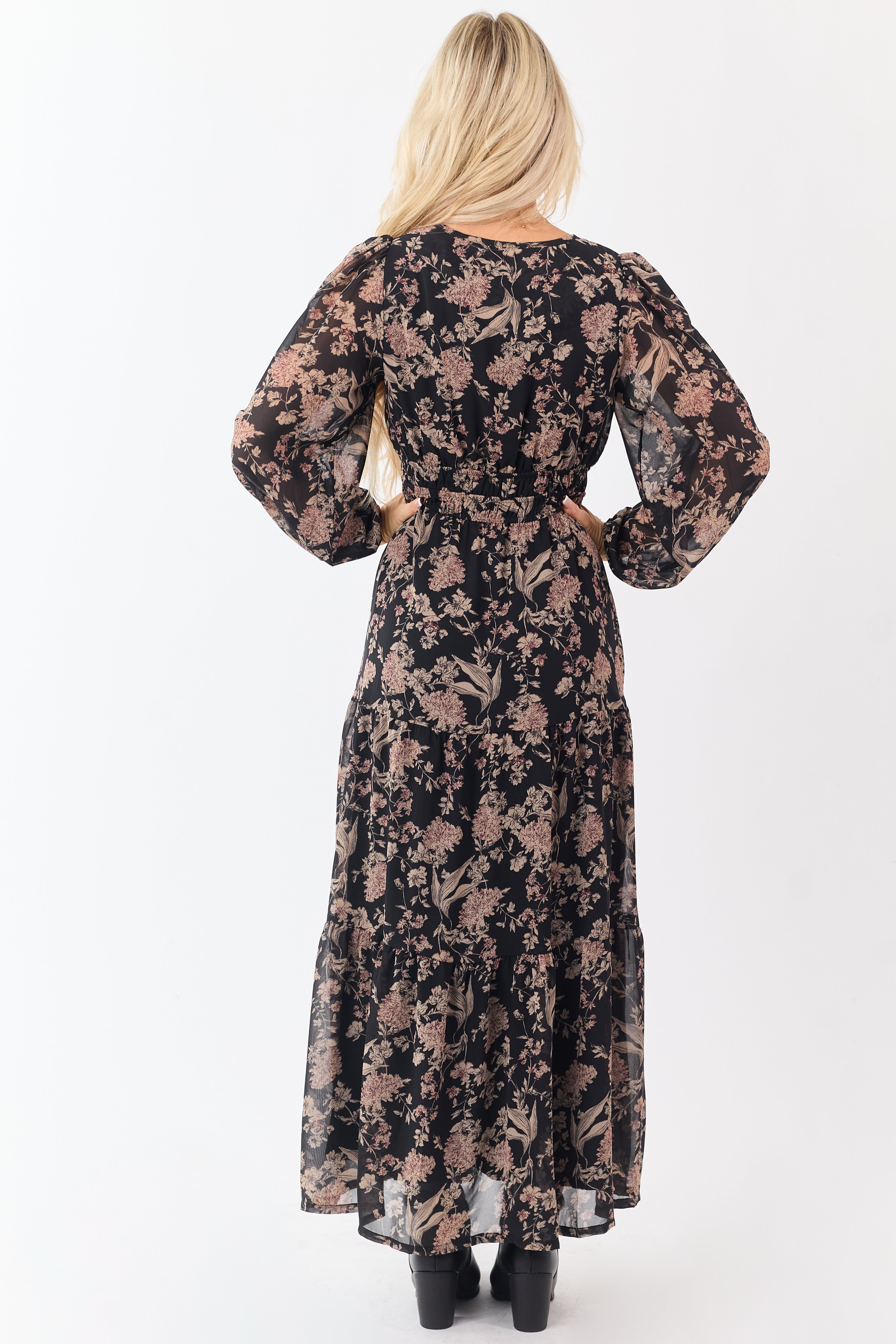 She+Sky Black Floral Print V-Neck Maxi Dress