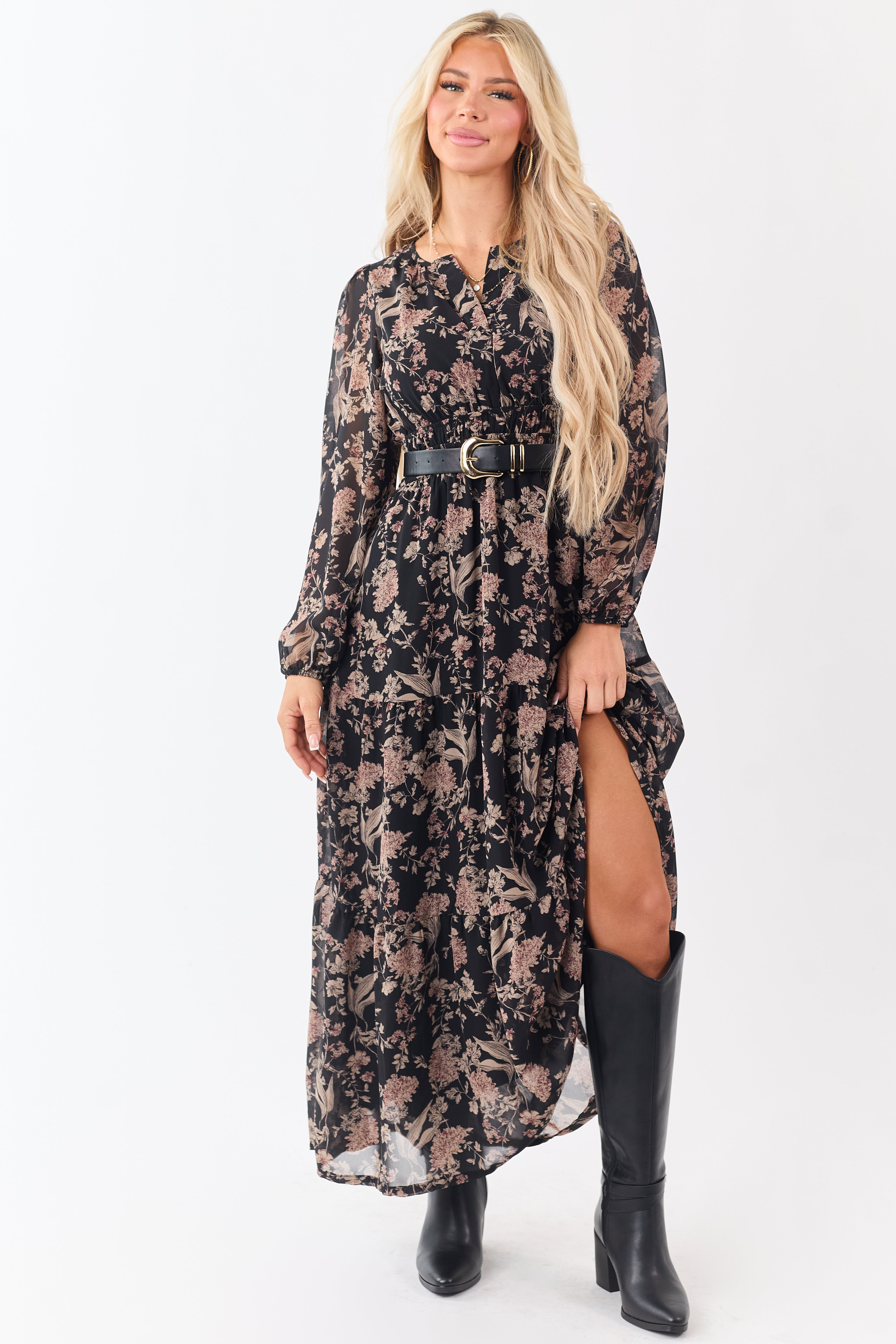She+Sky Black Floral Print V-Neck Maxi Dress