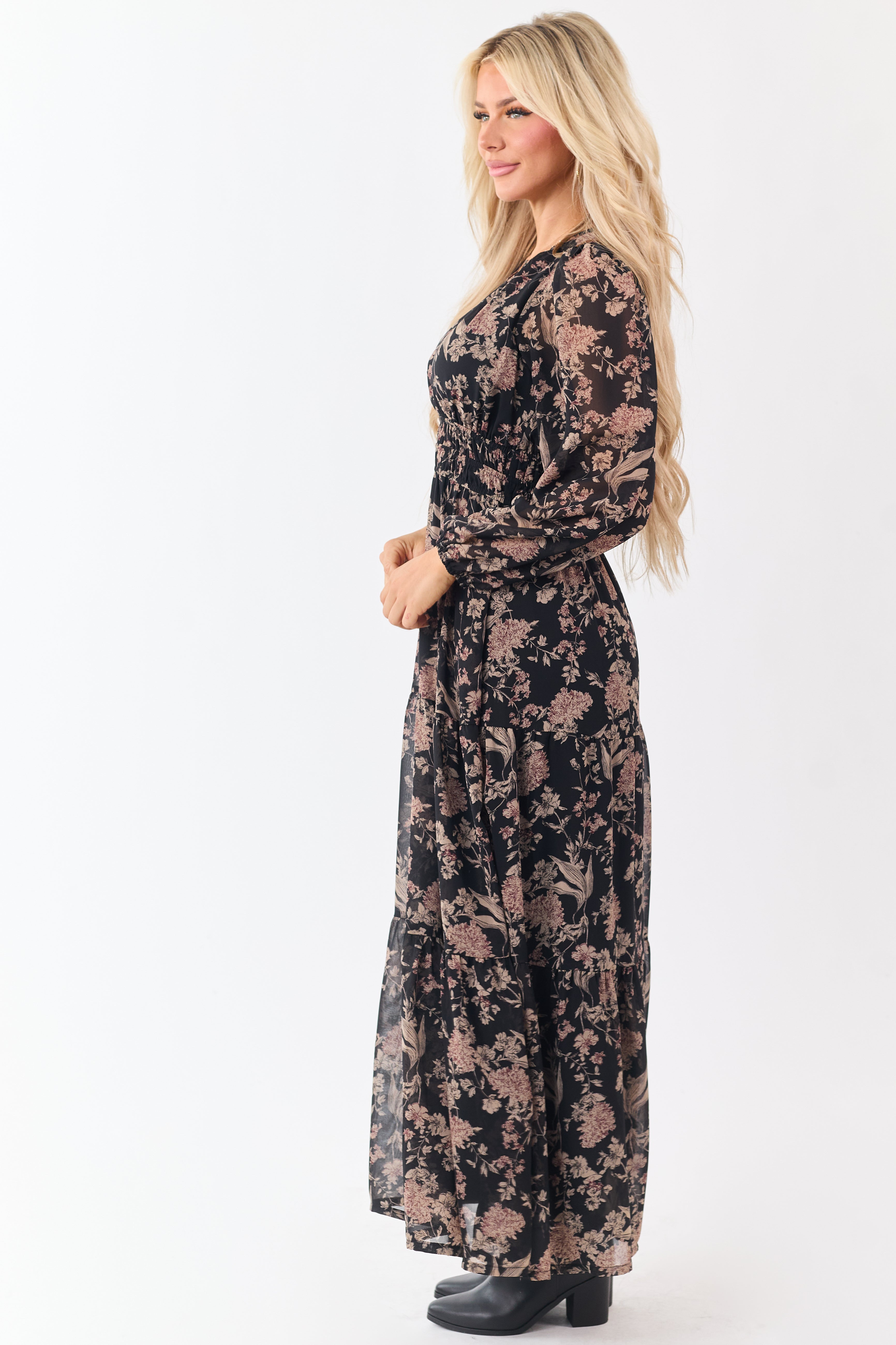 She+Sky Black Floral Print V-Neck Maxi Dress