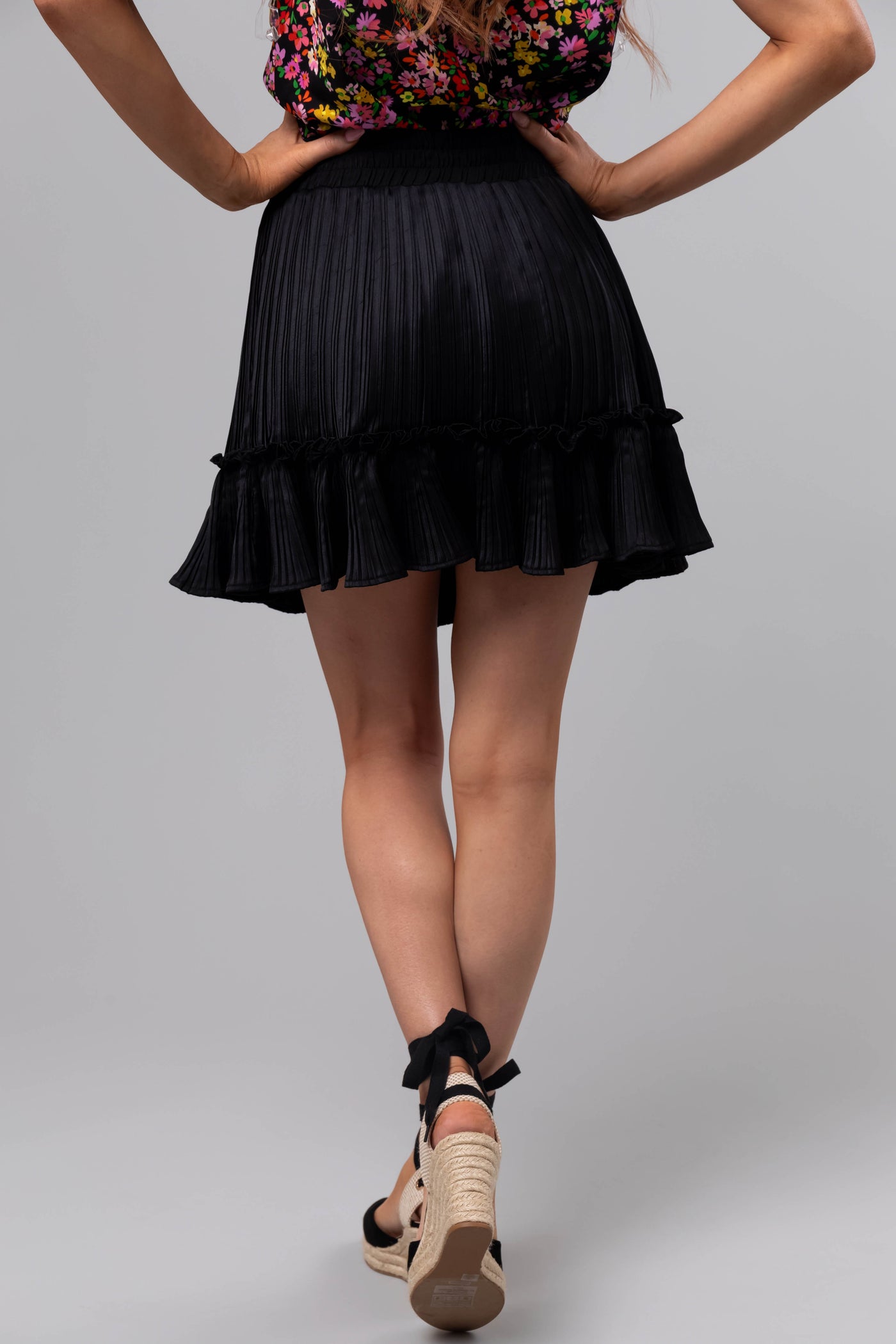 She+Sky Black Satin Pleated Ruffle Skirt