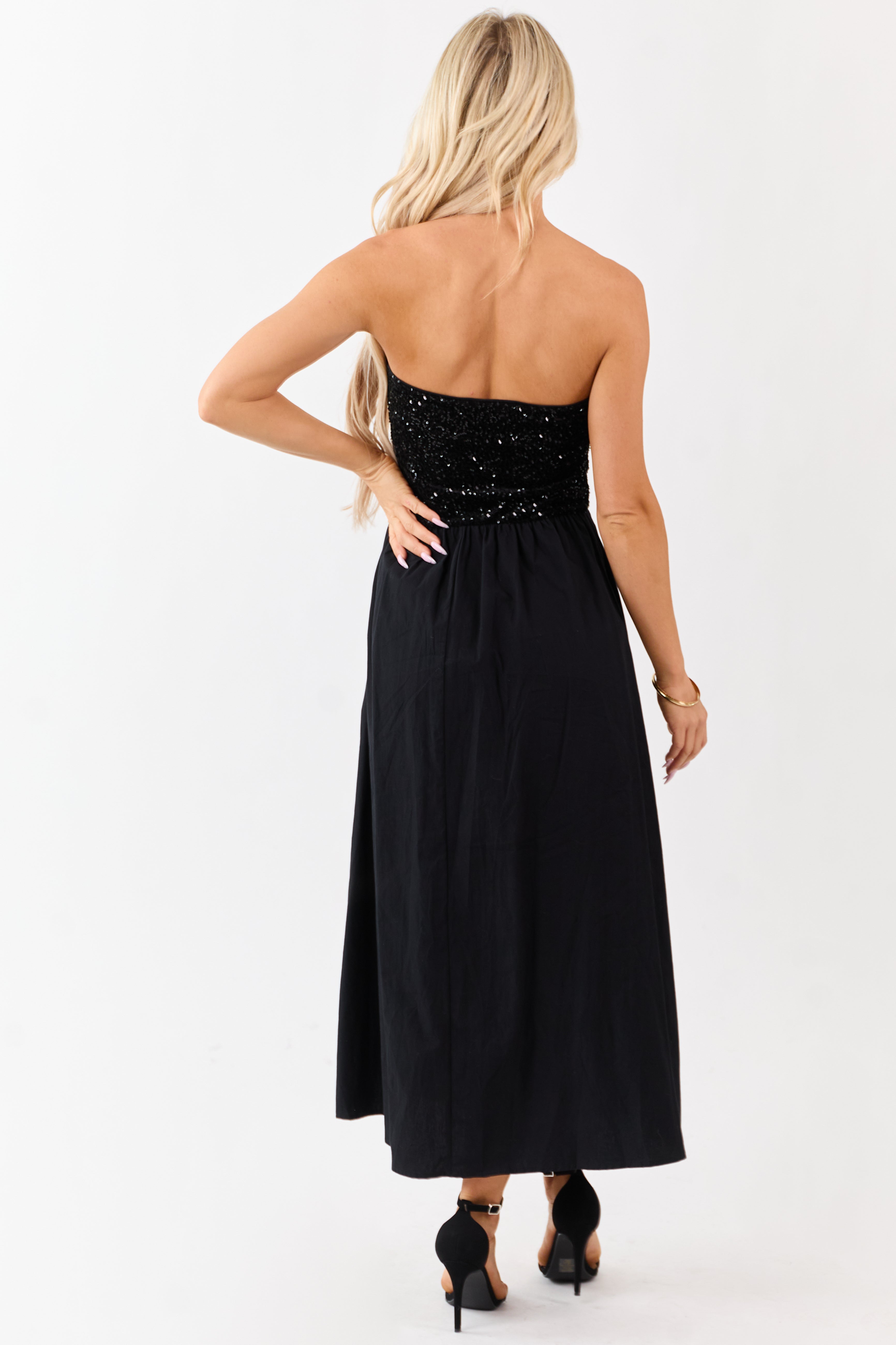 She+Sky Black Sequined Bodice Strapless Maxi Dress