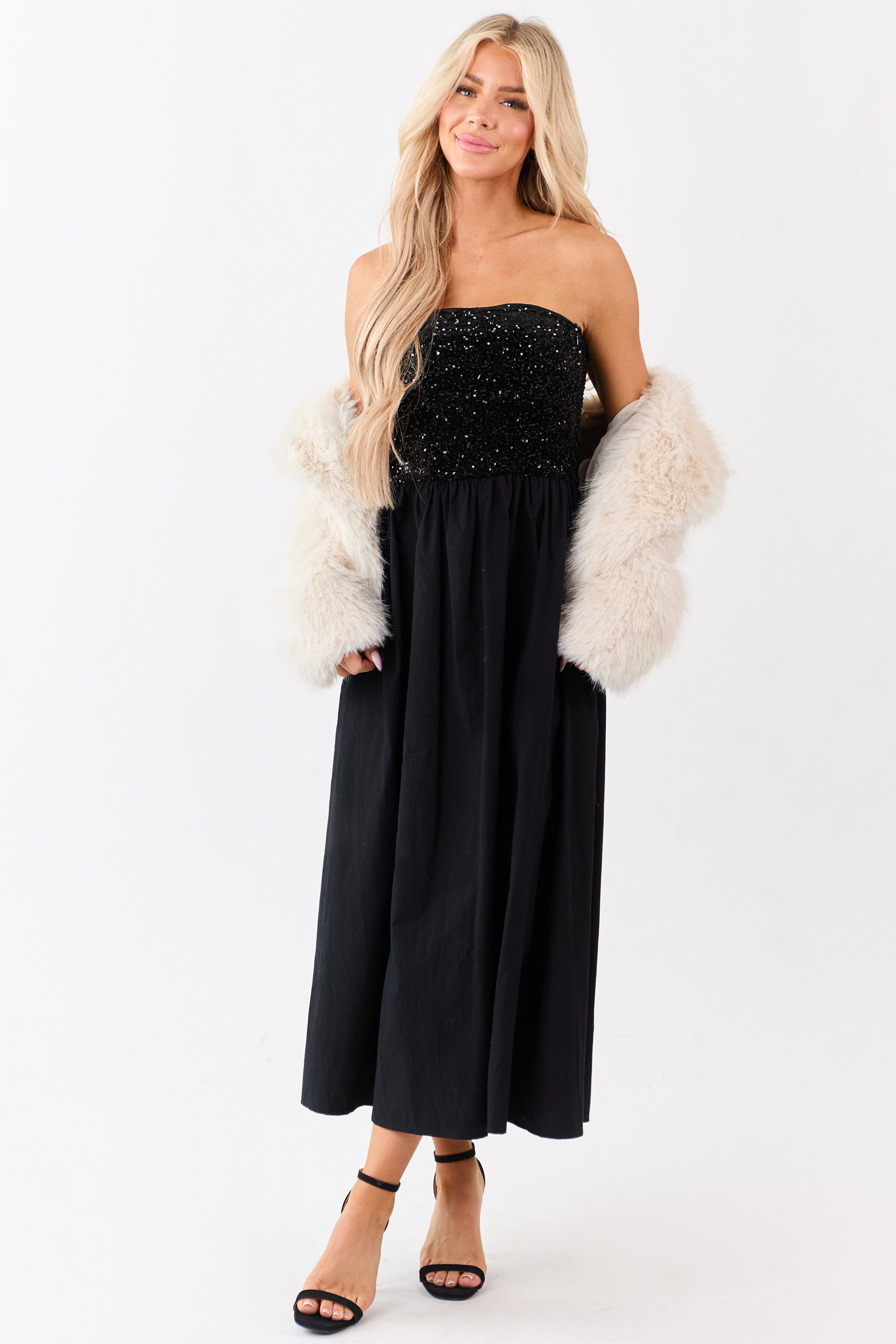 She+Sky Black Sequined Bodice Strapless Maxi Dress