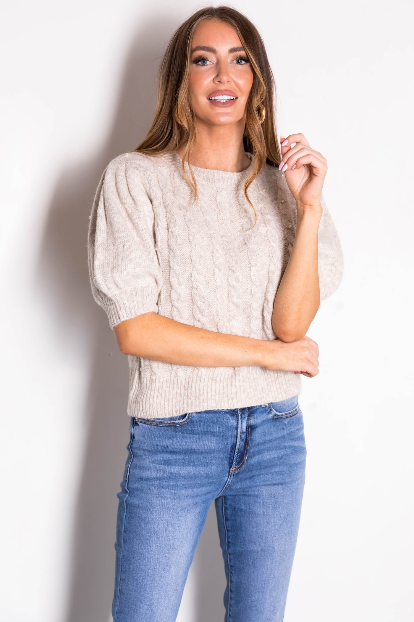 She+Sky Cream Cable Knit Pearl Studded Short Sleeve Sweater