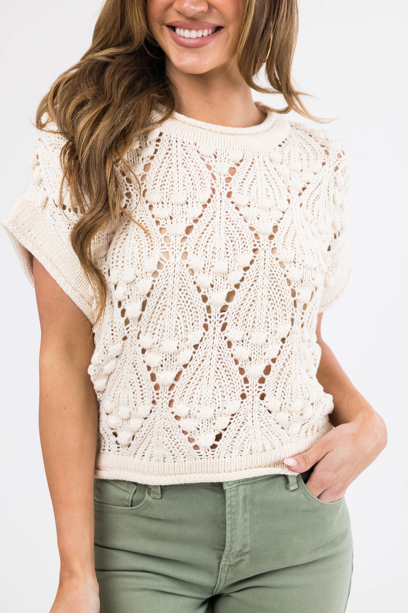 She+Sky Cream Short Sleeve Cut Out Knit Sweater