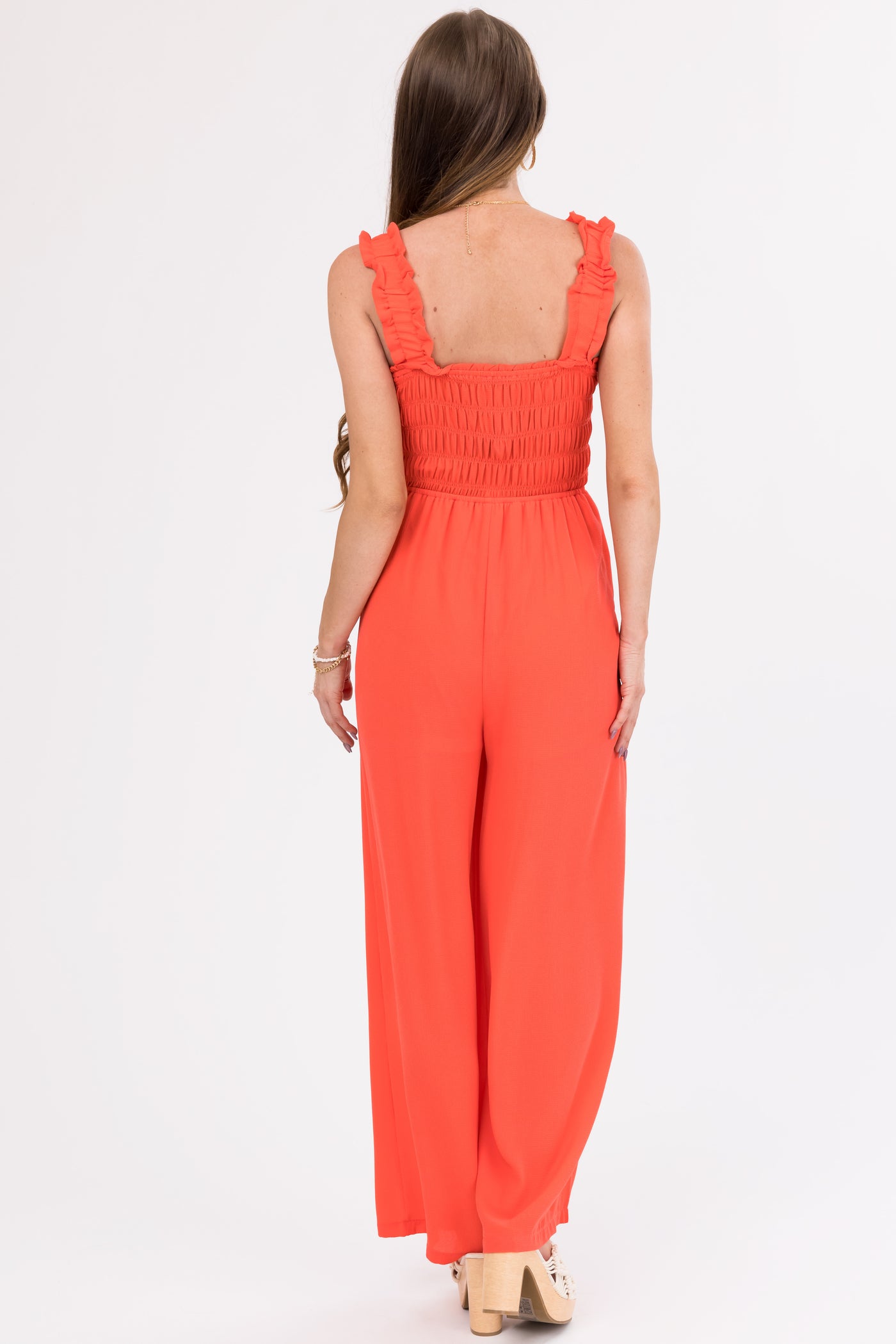 She+Sky Crimson Smocked Jumpsuit with Ruffle Strap
