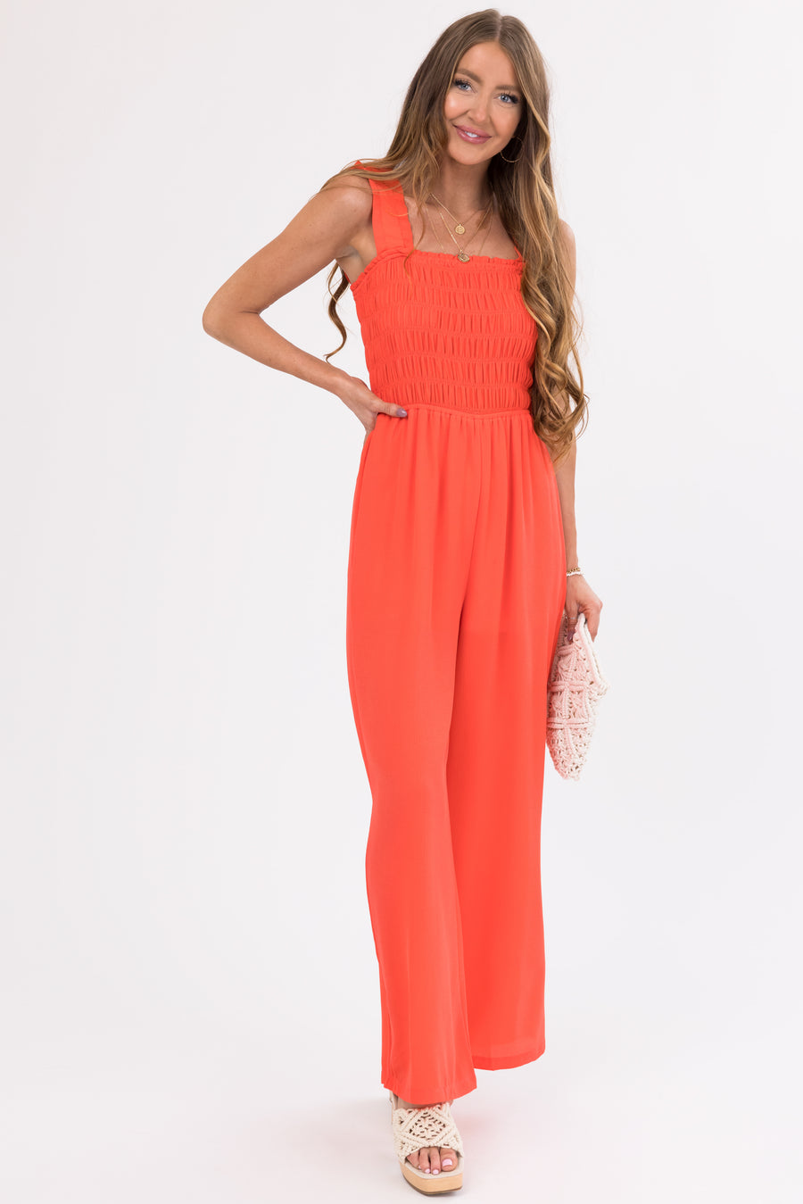 She+Sky Crimson Smocked Jumpsuit with Ruffle Strap