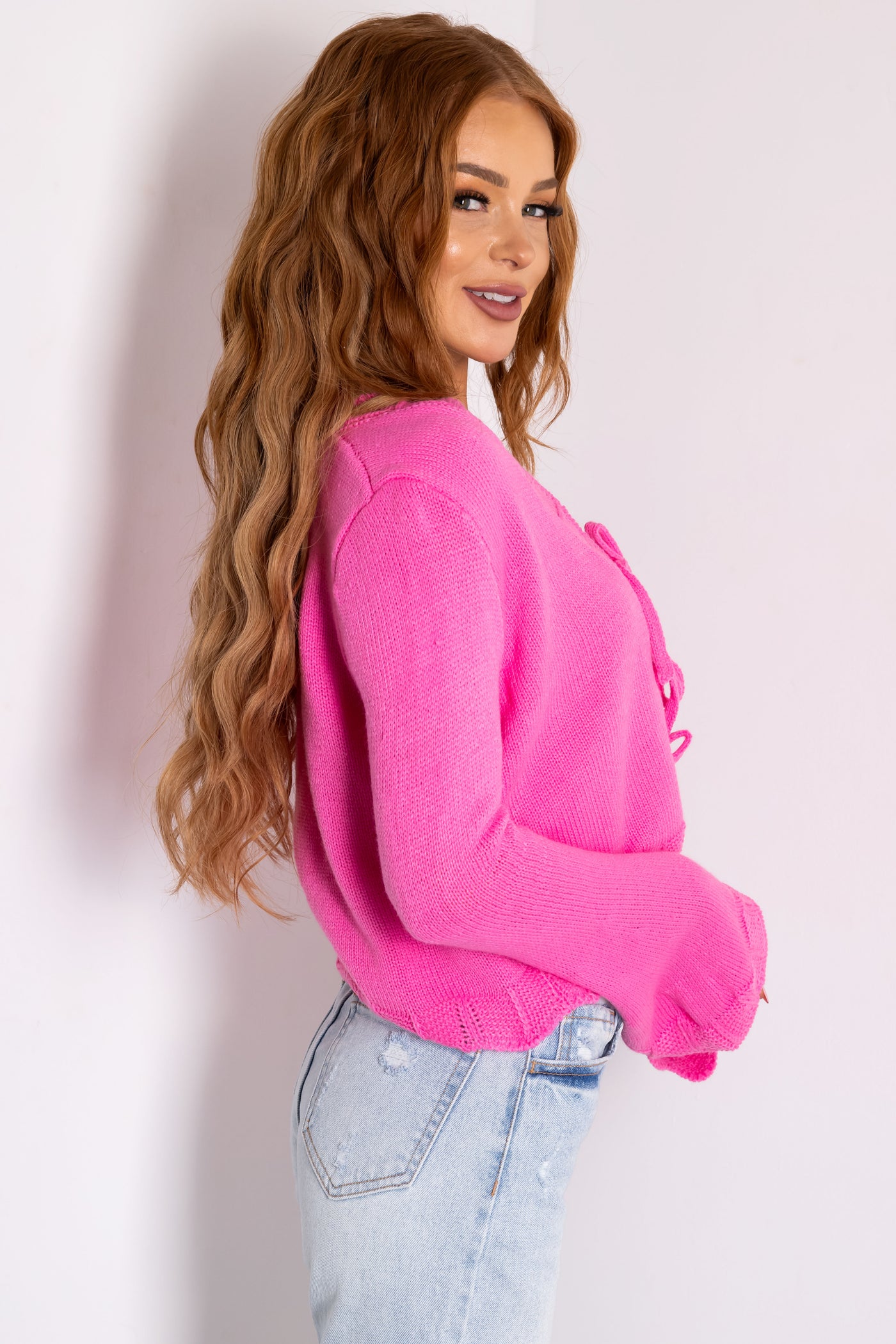 She+Sky Hot Pink Front Ties Scalloped Cardigan