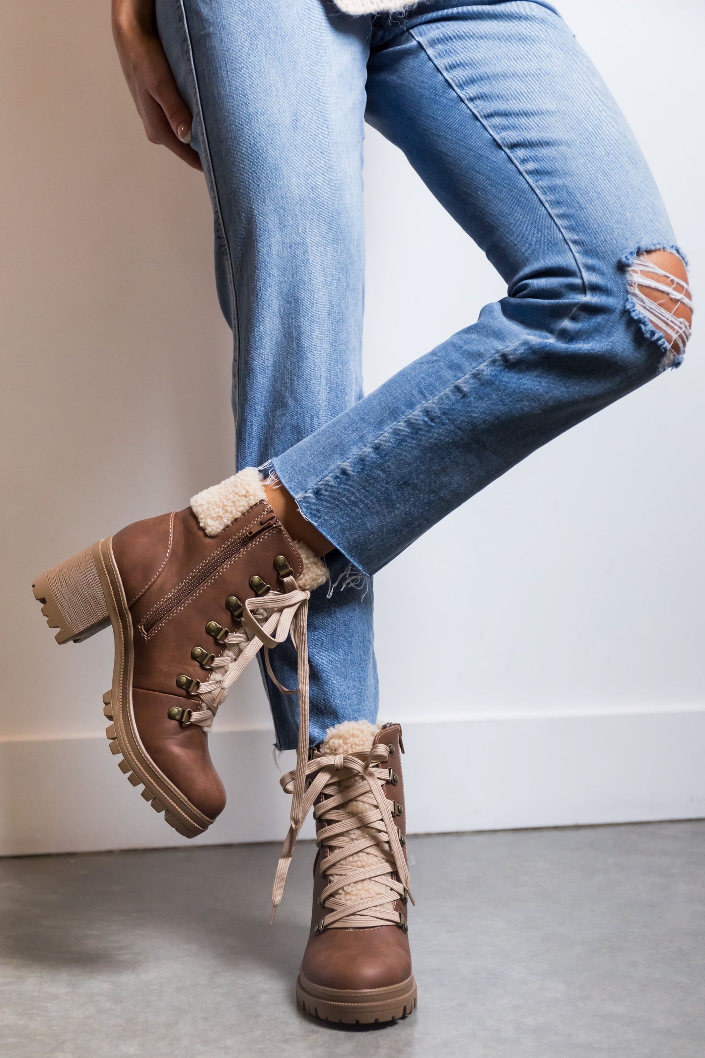 Sienna Lace Up Lug Boots with Faux Fur Detail