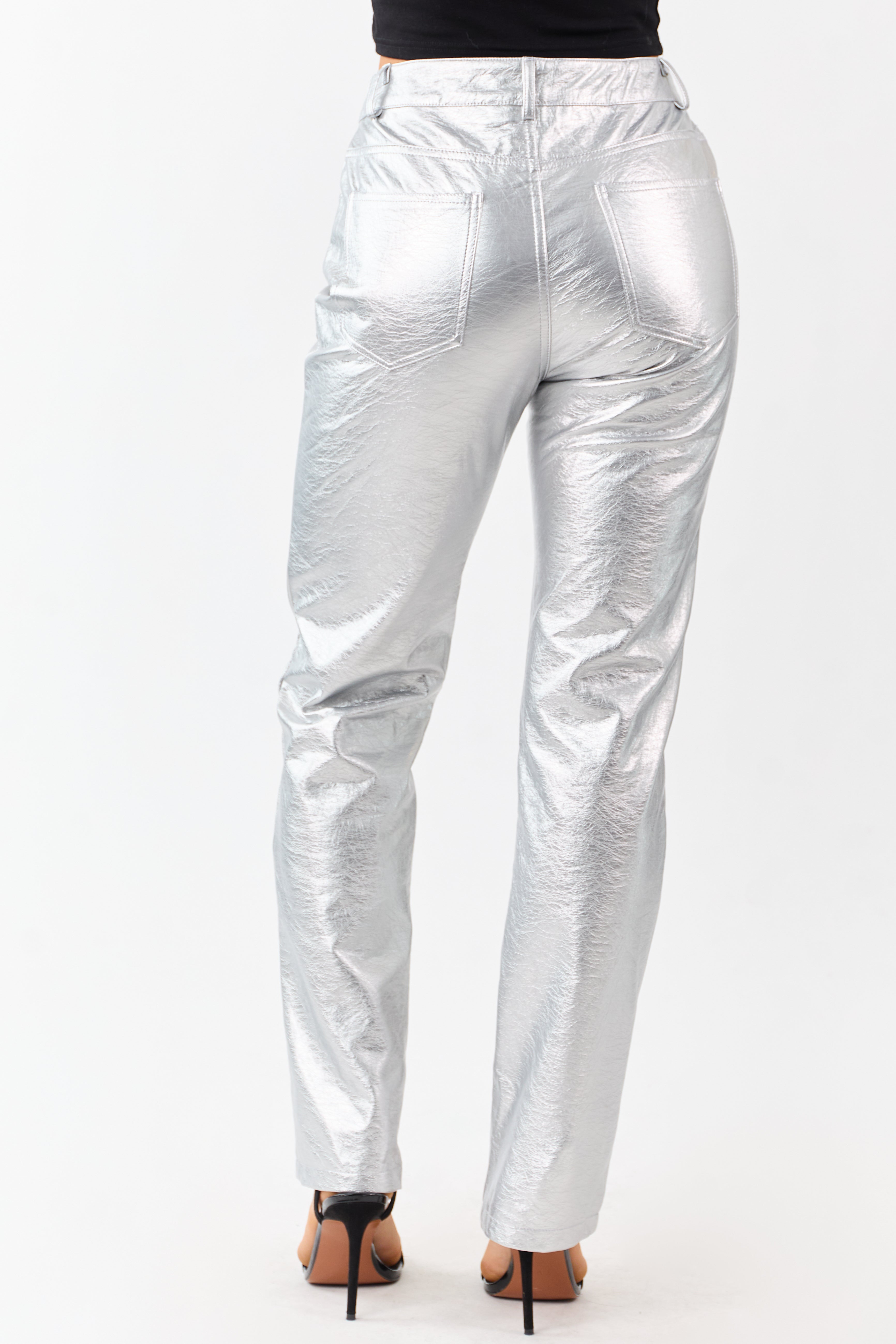 Silver Metallic Faux Leather Straight Leg Pants
