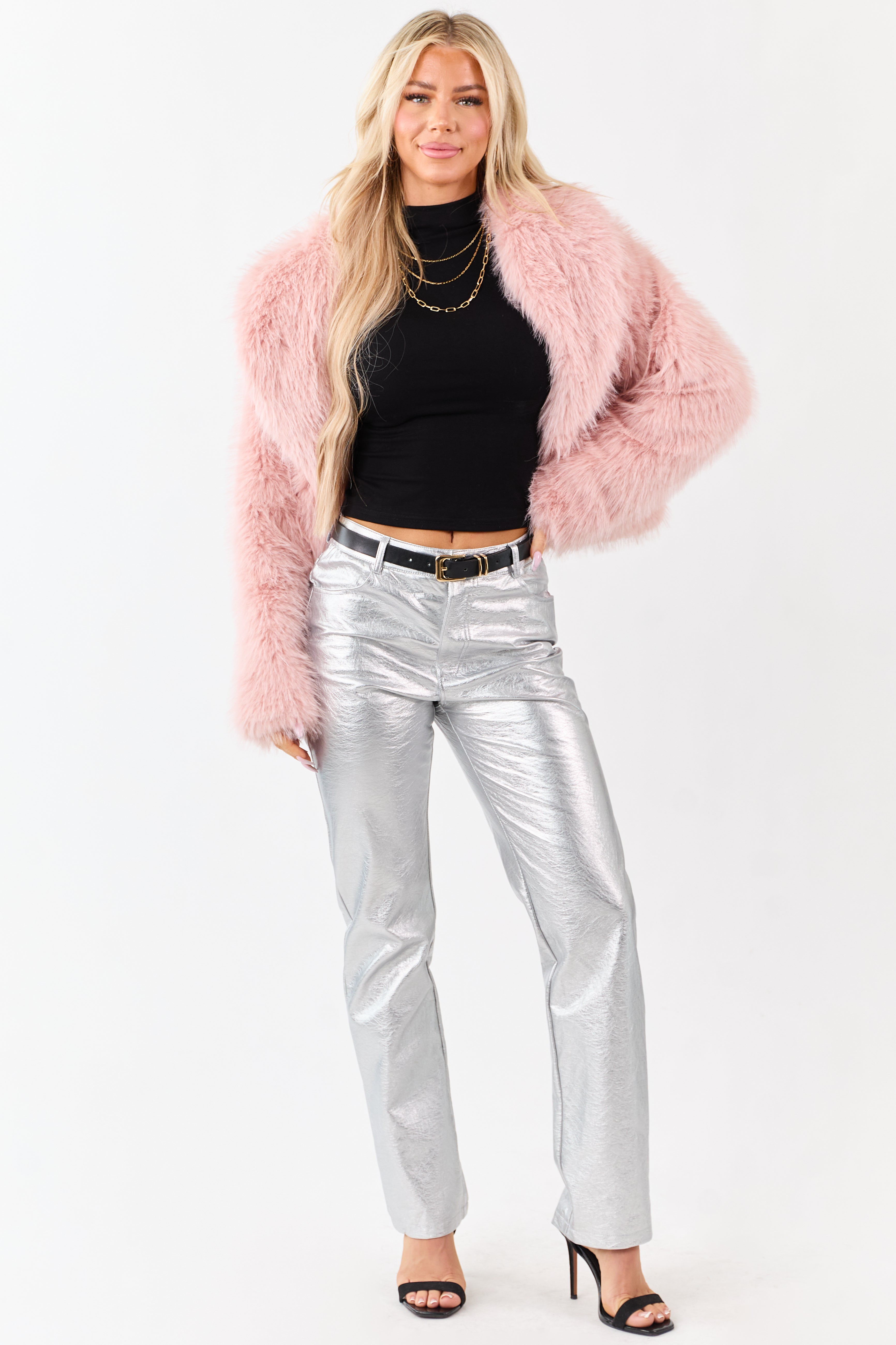 Silver Metallic Faux Leather Straight Leg Pants