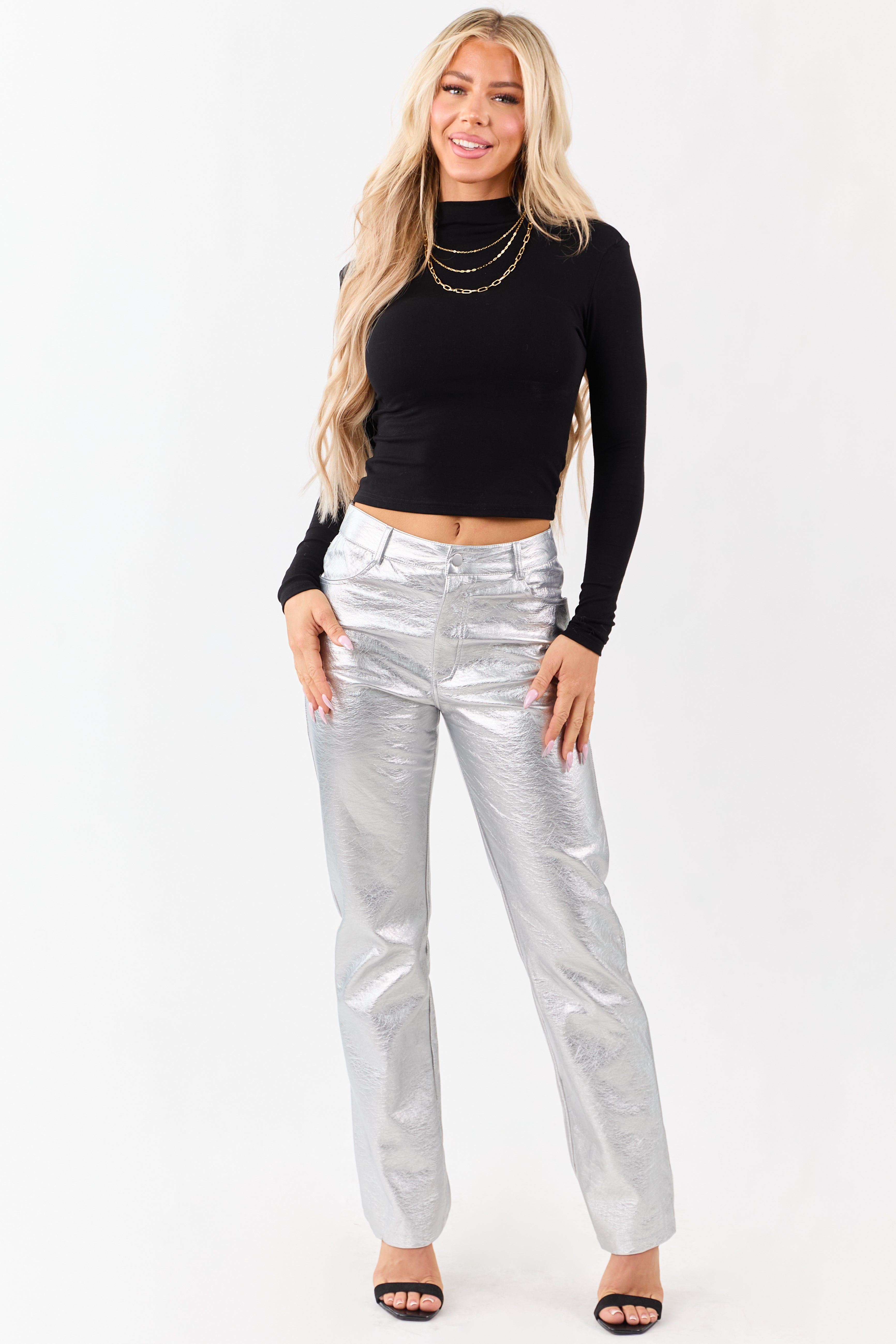Silver Metallic Faux Leather Straight Leg Pants
