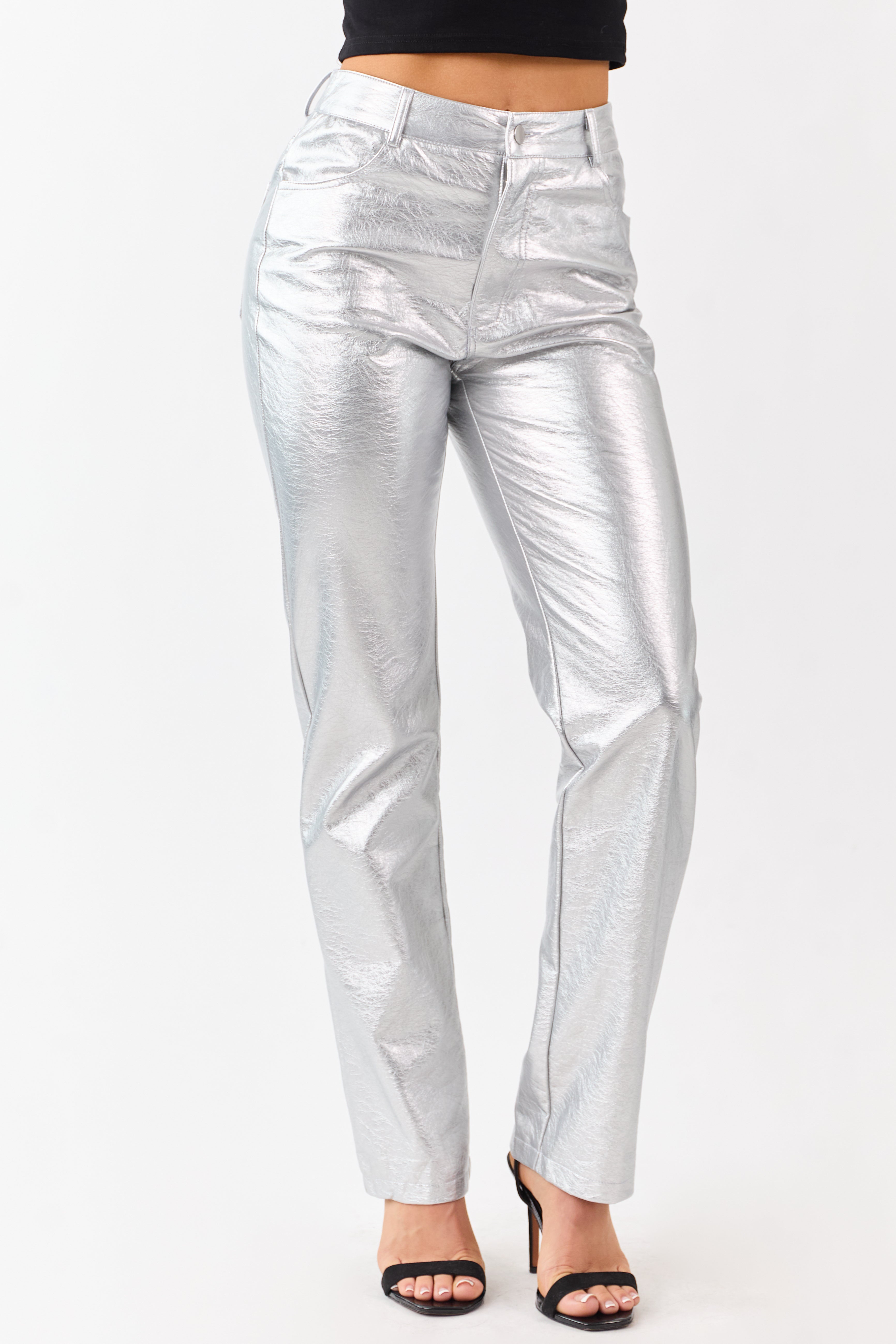 Silver Metallic Faux Leather Straight Leg Pants