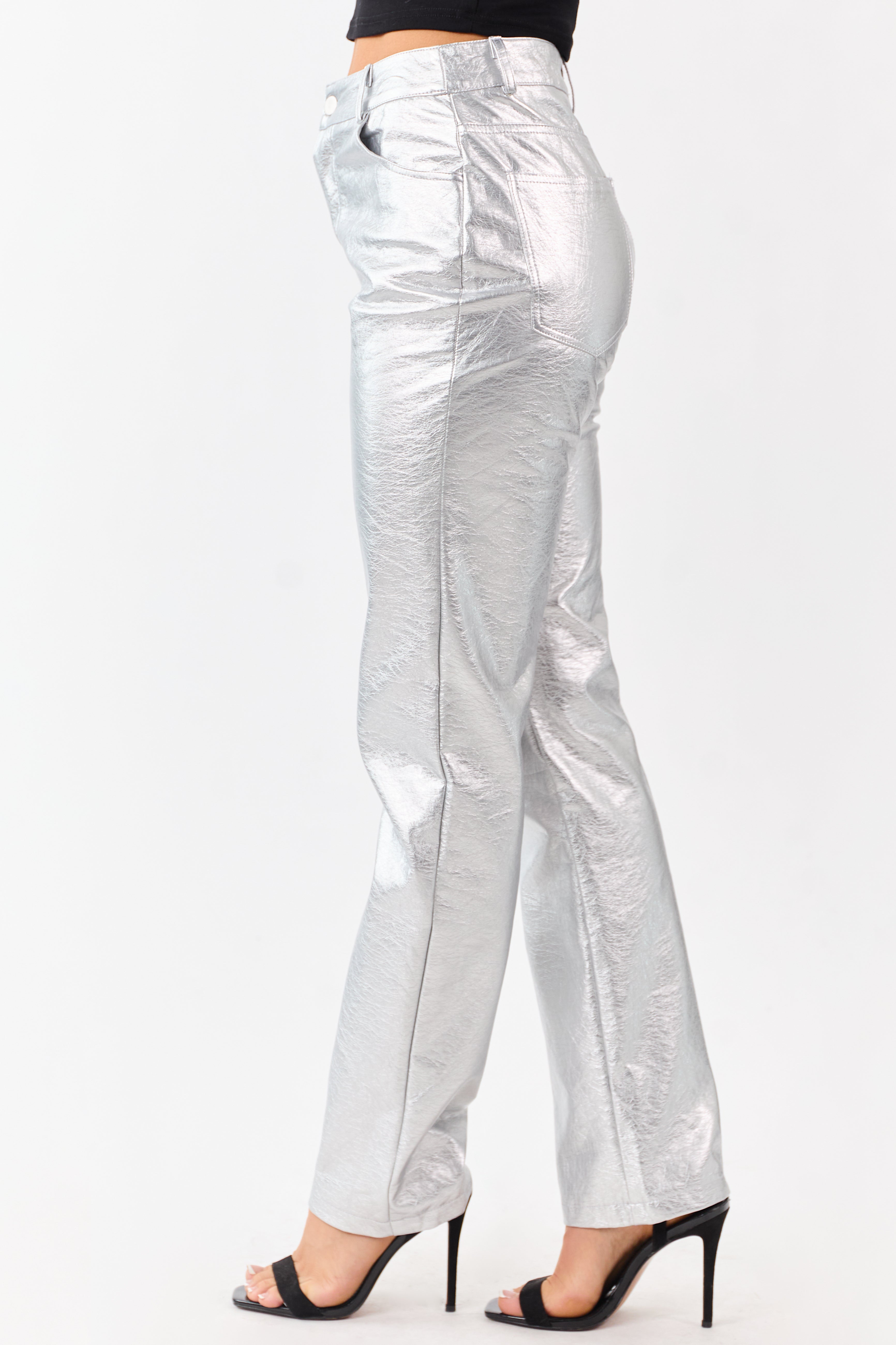 Silver Metallic Faux Leather Straight Leg Pants