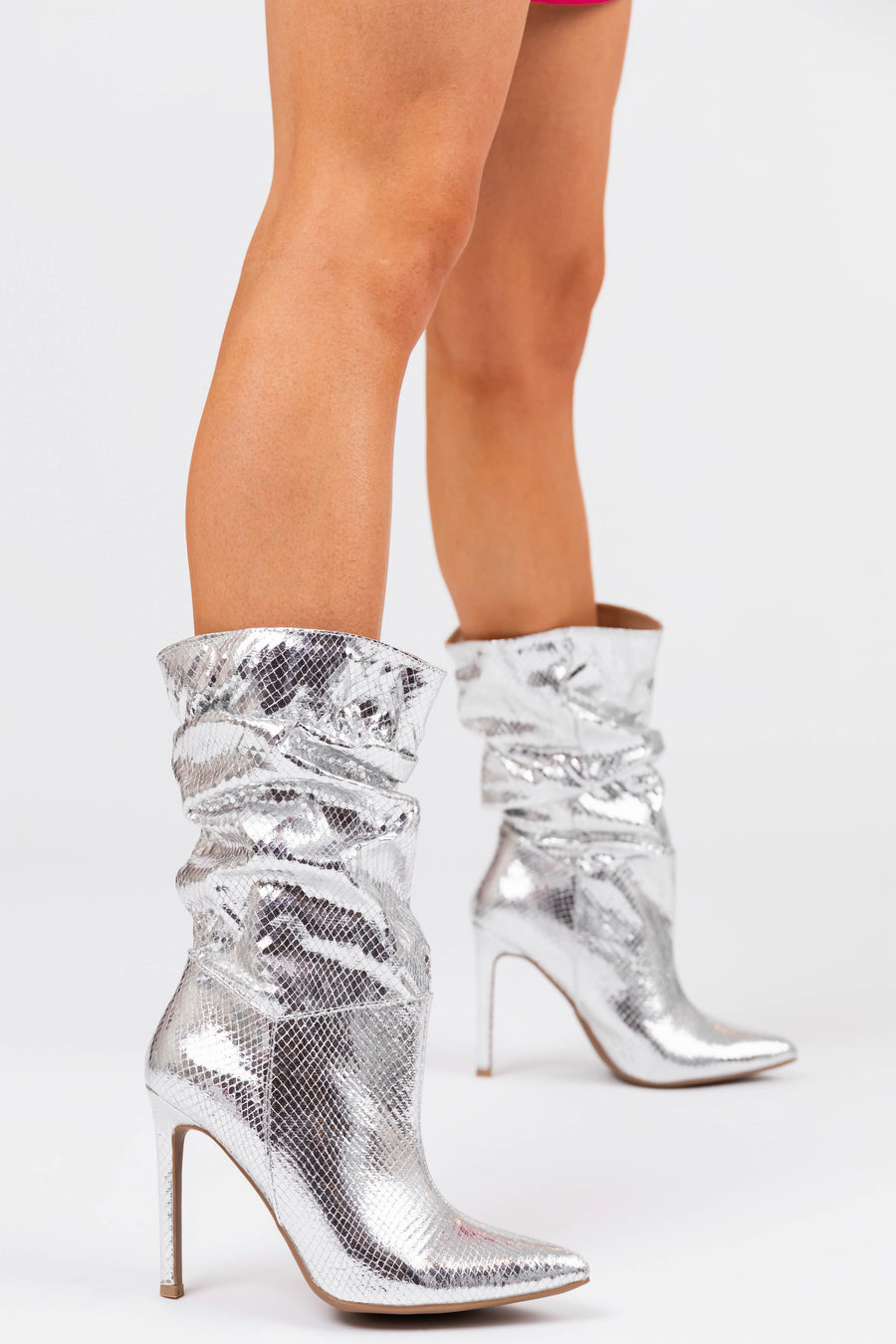Silver Metallic Snake Texture Stiletto Boots
