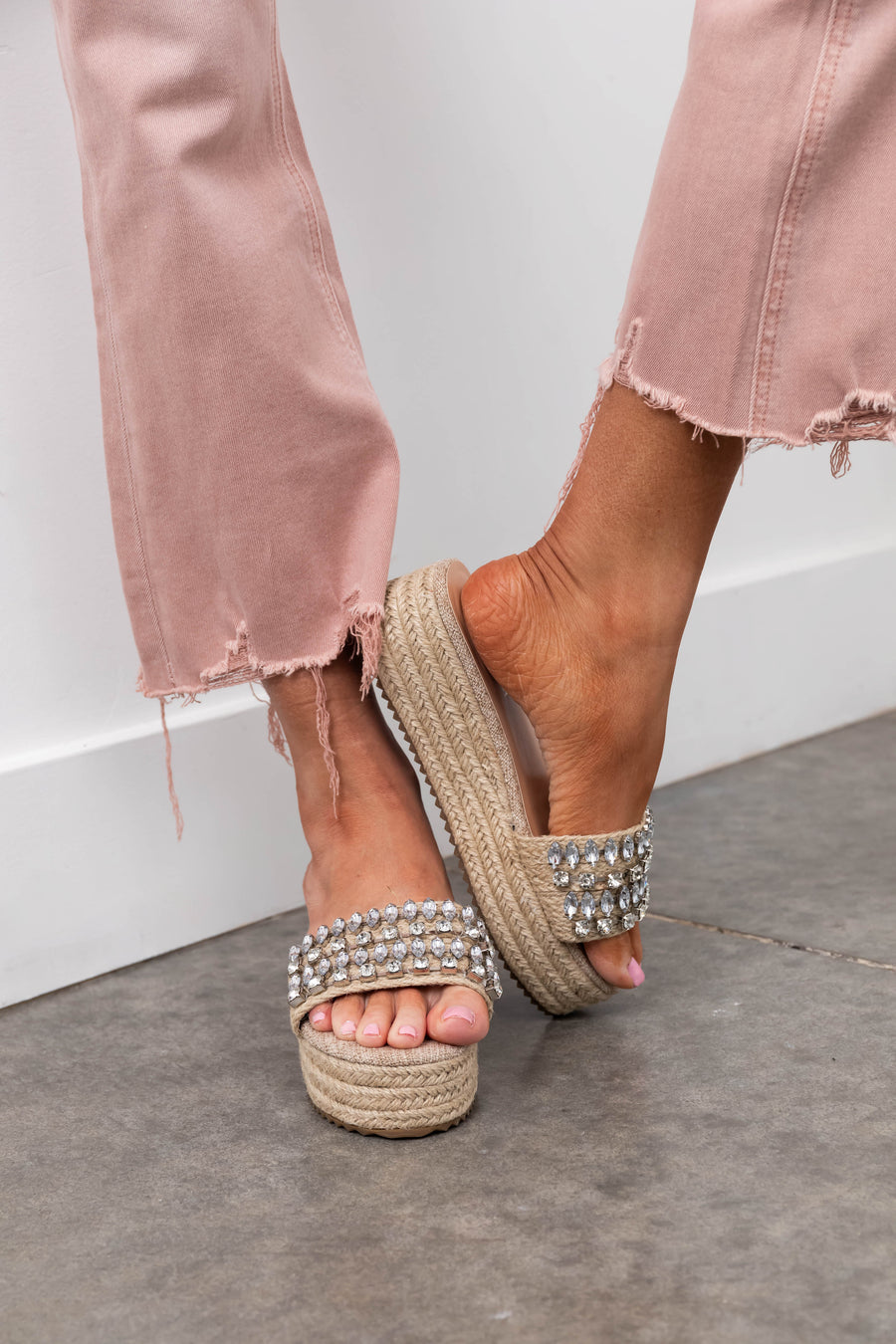 Silver and Beige Rhinestone Espadrille Sandals