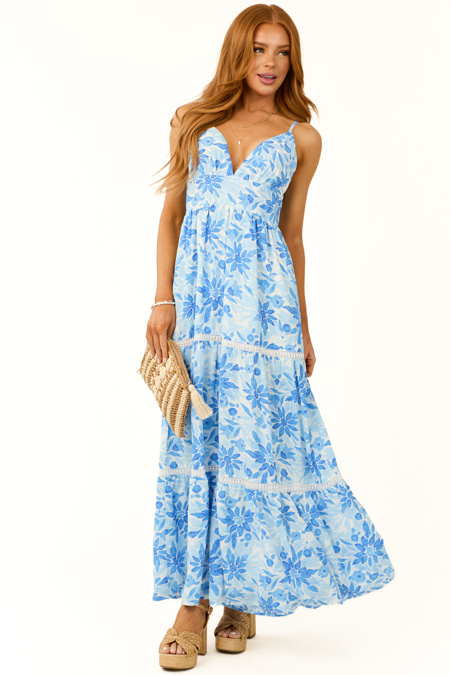  Sky Blue Floral Print Sleeveless Maxi Dress