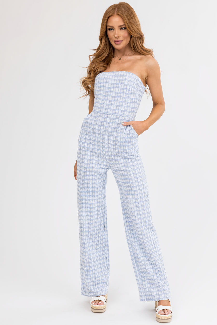 Sky Blue and White Tweed Plaid Strapless Jumpsuit